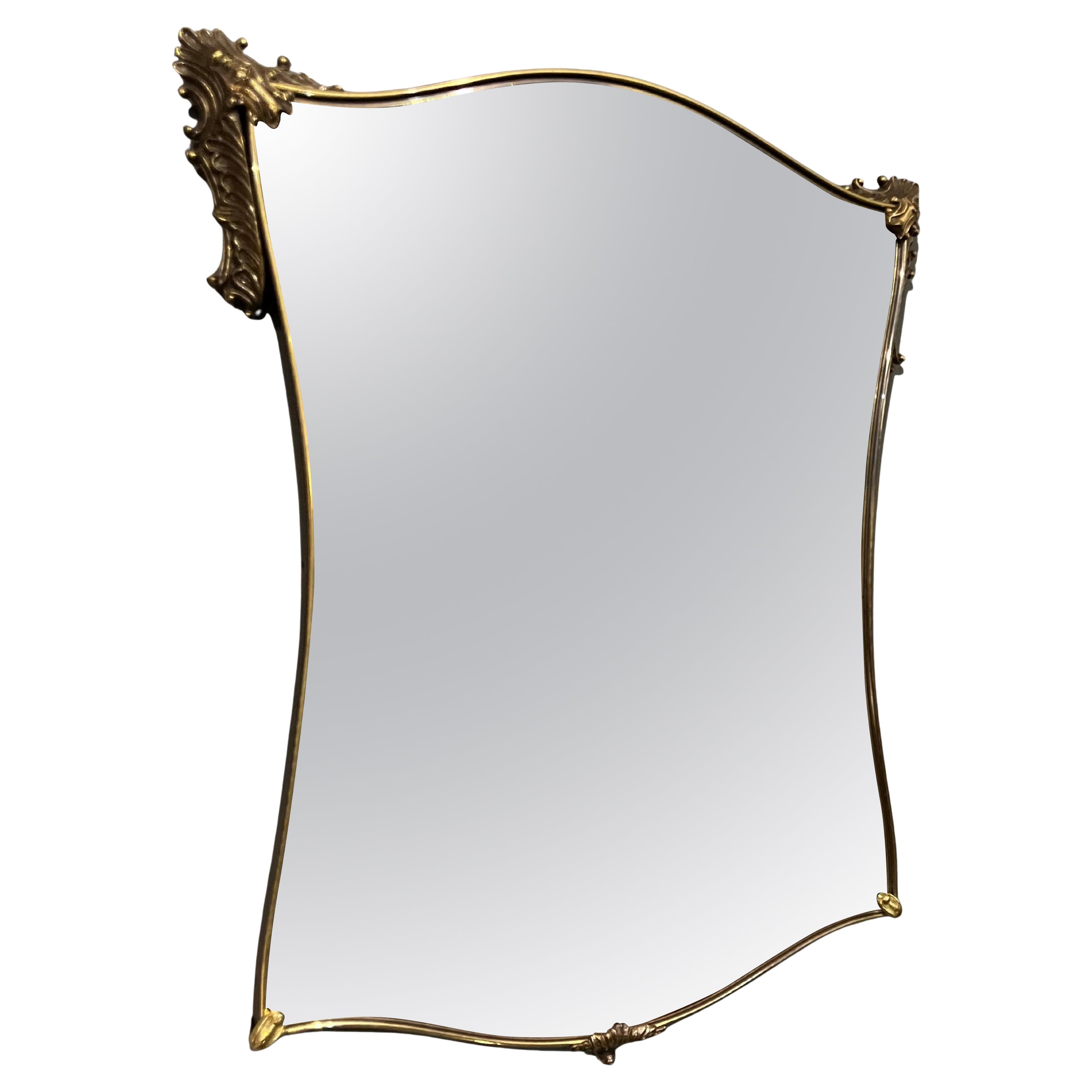 Italian 1950s Mid-Century Brass Wall Mirror with Sculpted Frame