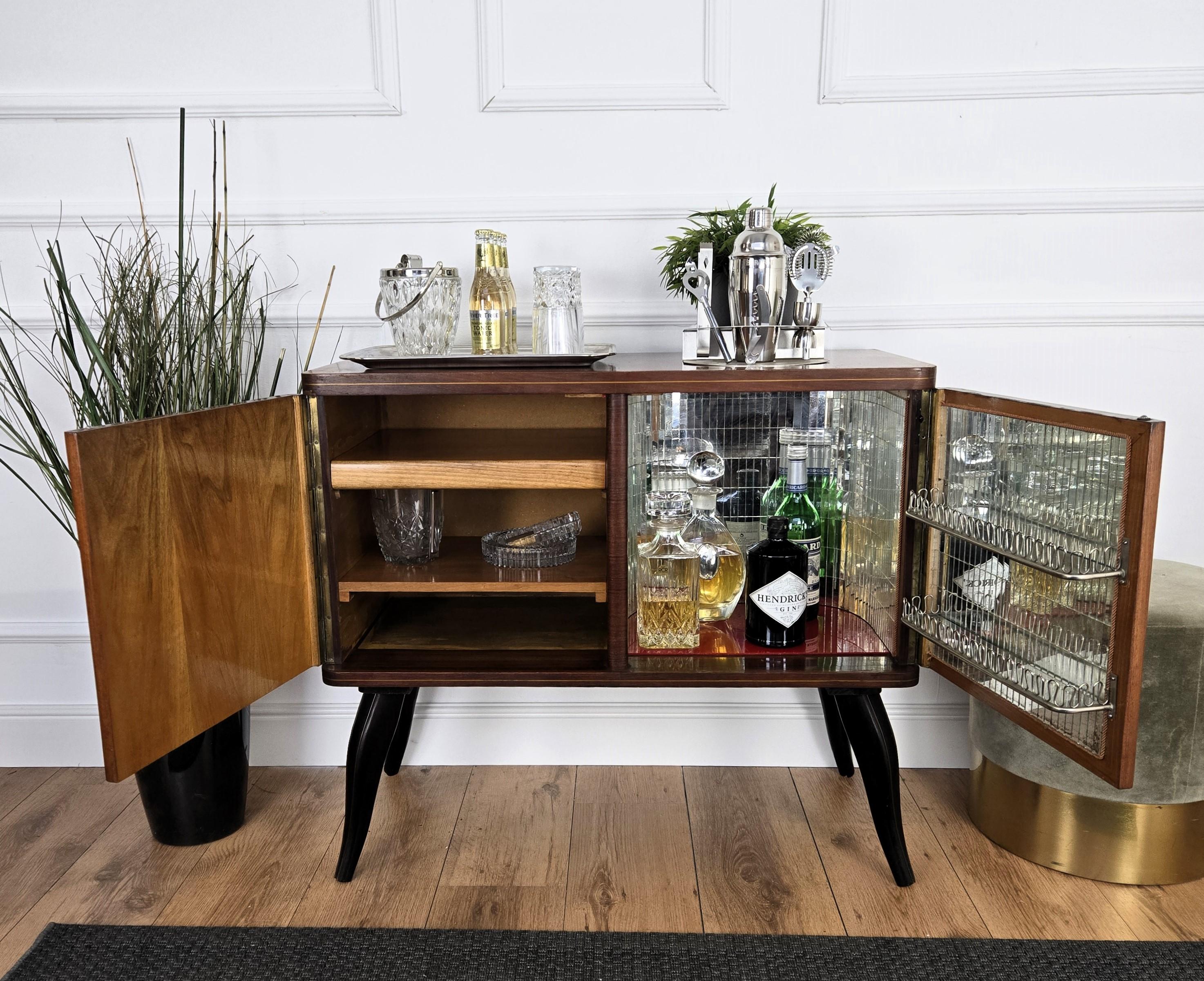 Art Deco Italian 1950s Mid-Century Modern Walnut and Mirror Mosaic Dry Bar Cabinet