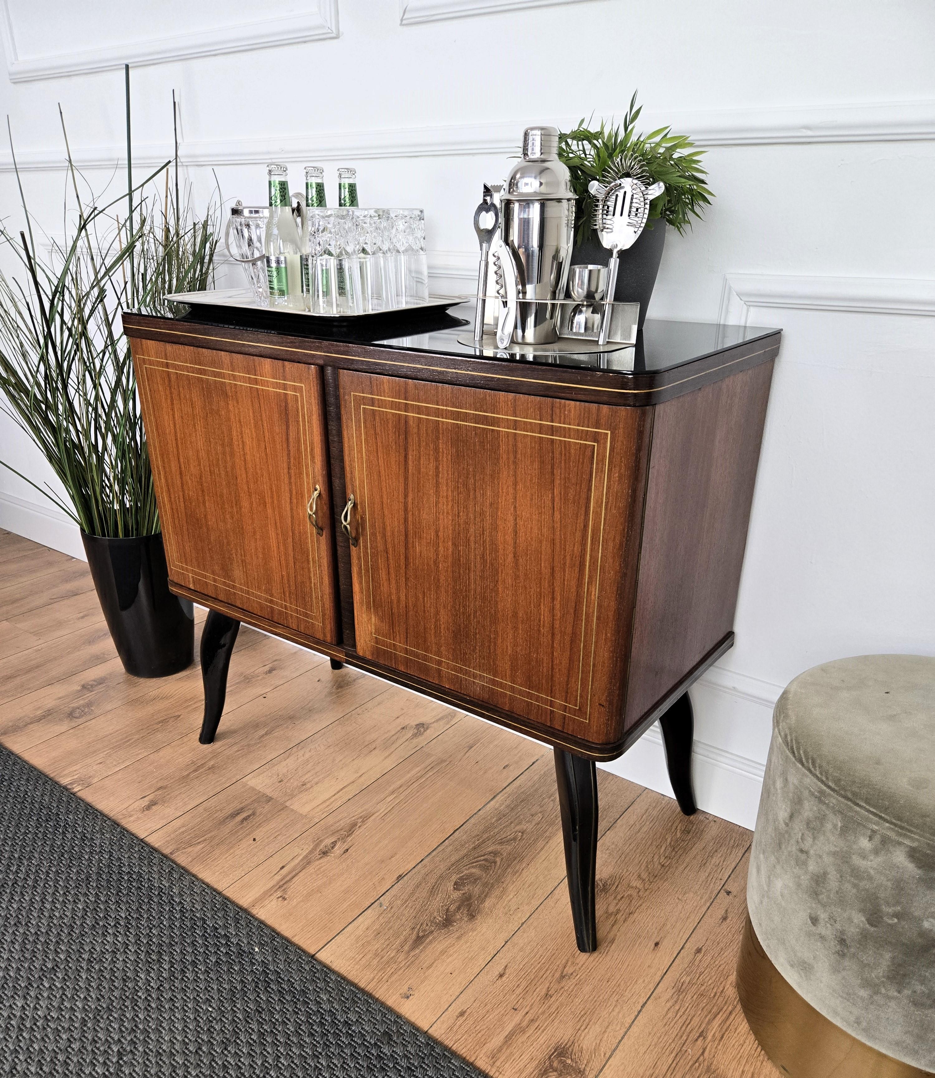 20th Century Italian 1950s Mid-Century Modern Walnut and Mirror Mosaic Dry Bar Cabinet For Sale