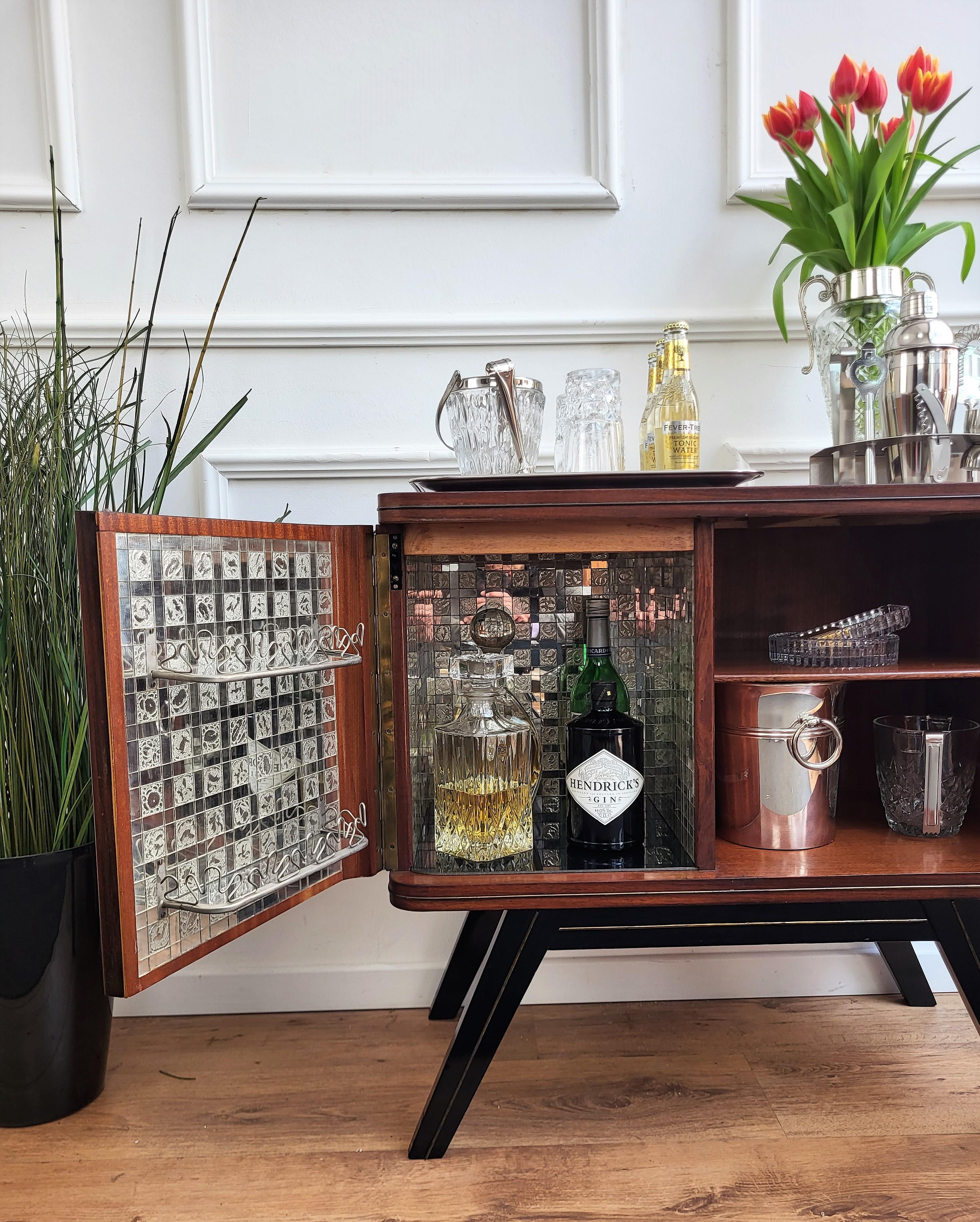Brass Italian 1950s Mid-Century Modern Walnut and Mirror Mosaic Dry Bar Cabinet