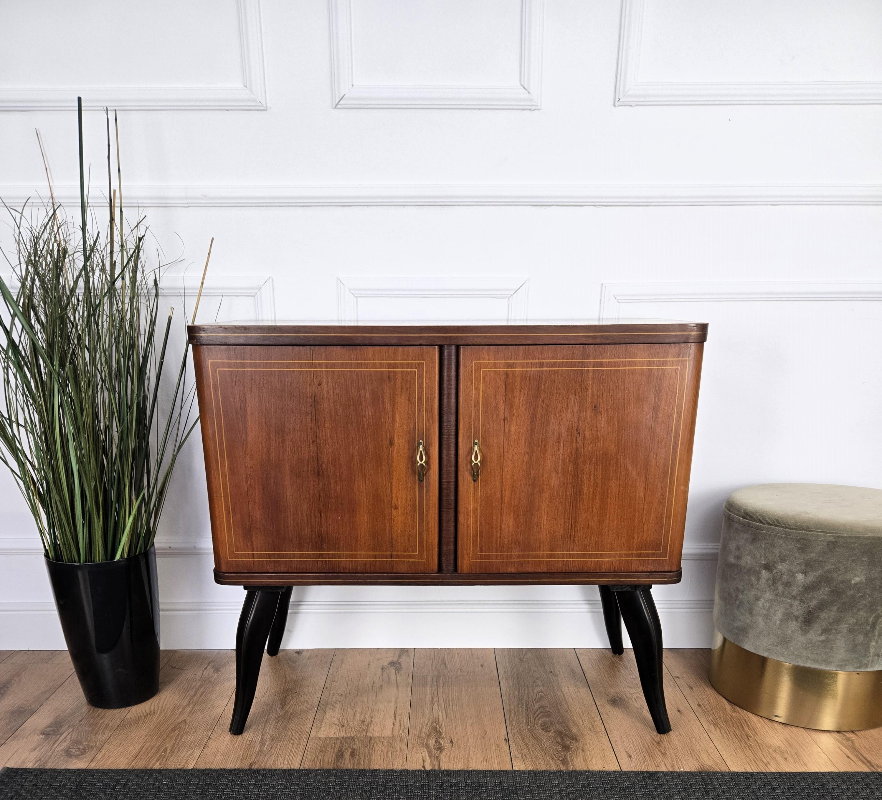 Brass Italian 1950s Mid-Century Modern Walnut and Mirror Mosaic Dry Bar Cabinet