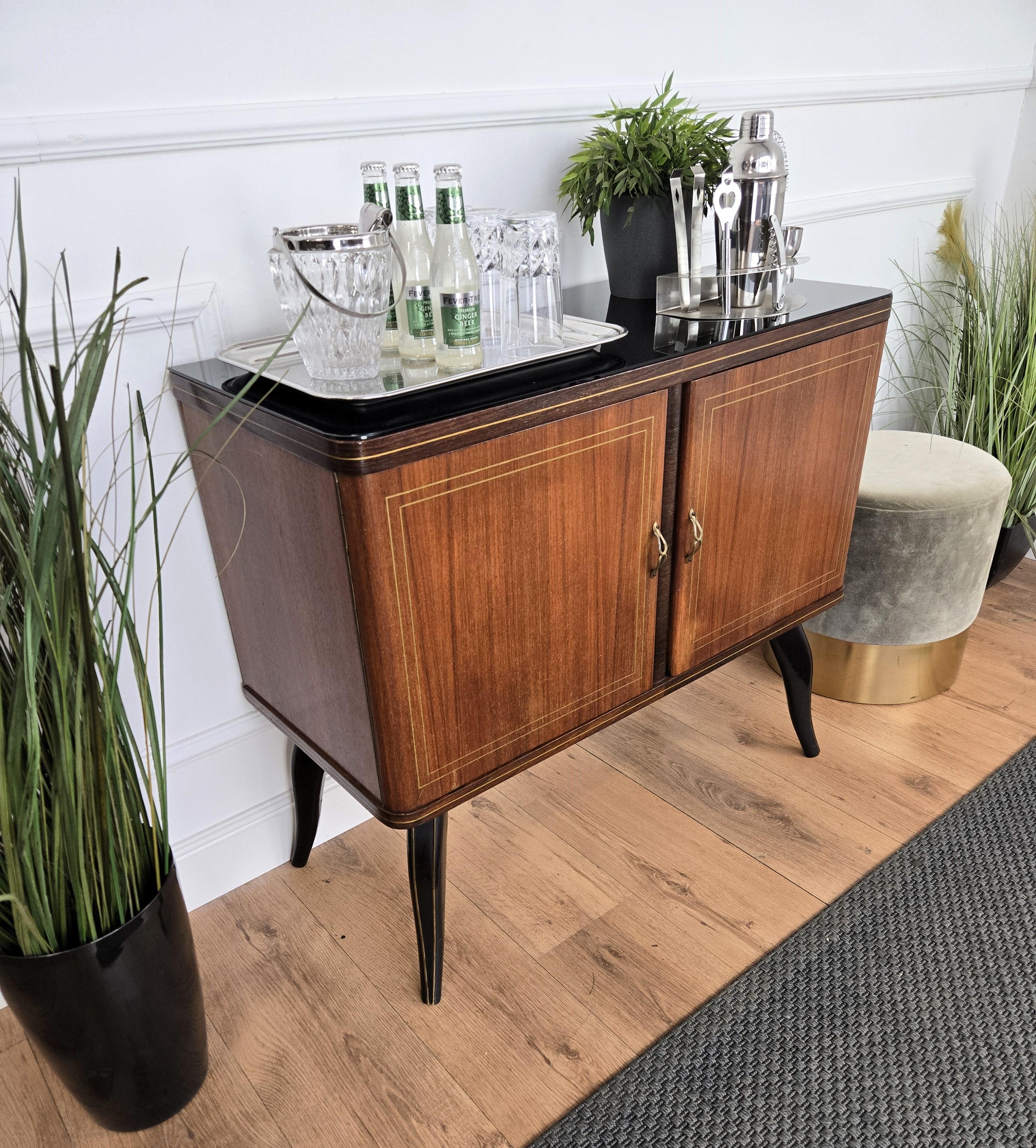 Brass Italian 1950s Mid-Century Modern Walnut and Mirror Mosaic Dry Bar Cabinet For Sale