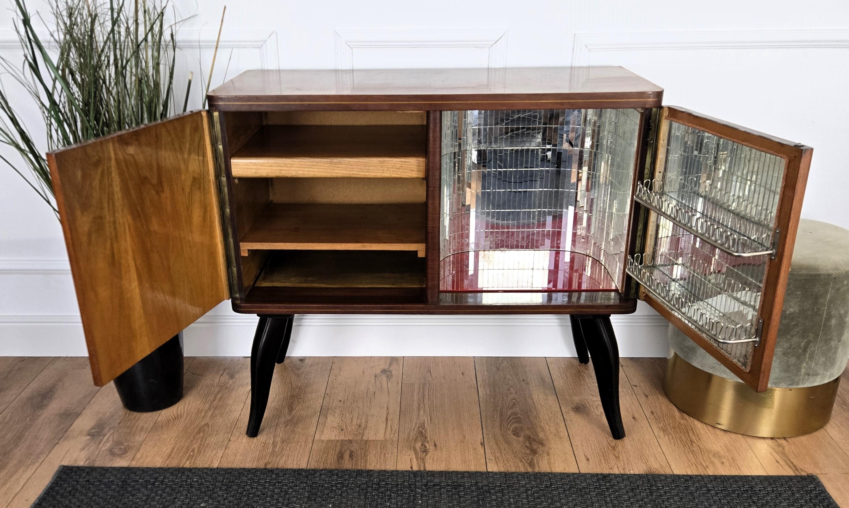 Italian 1950s Mid-Century Modern Walnut and Mirror Mosaic Dry Bar Cabinet 1