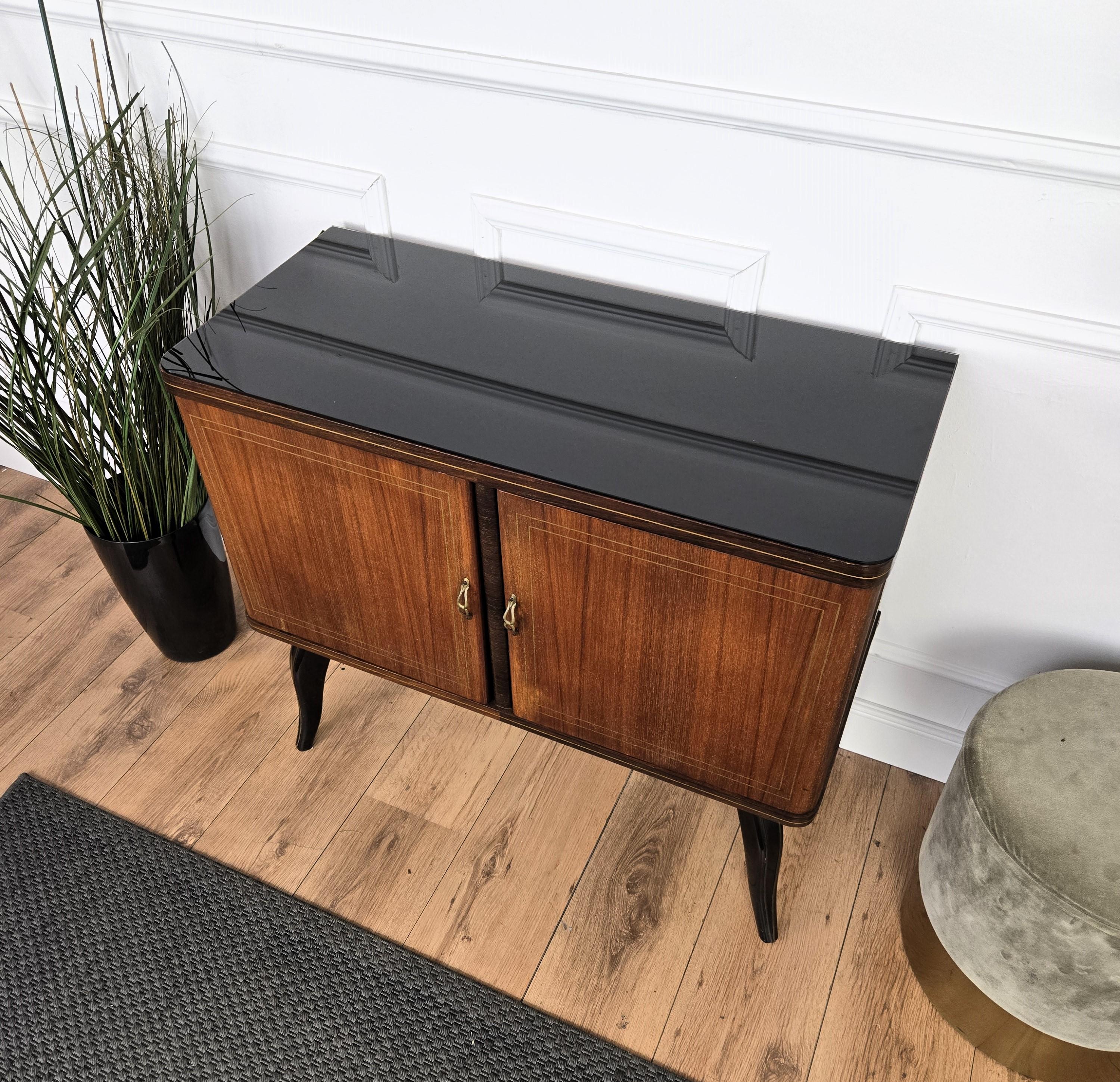 Italian 1950s Mid-Century Modern Walnut and Mirror Mosaic Dry Bar Cabinet For Sale 3