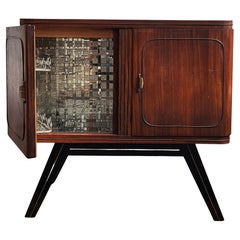 Italian 1950s Mid-Century Modern Walnut and Mirror Mosaic Dry Bar Cabinet