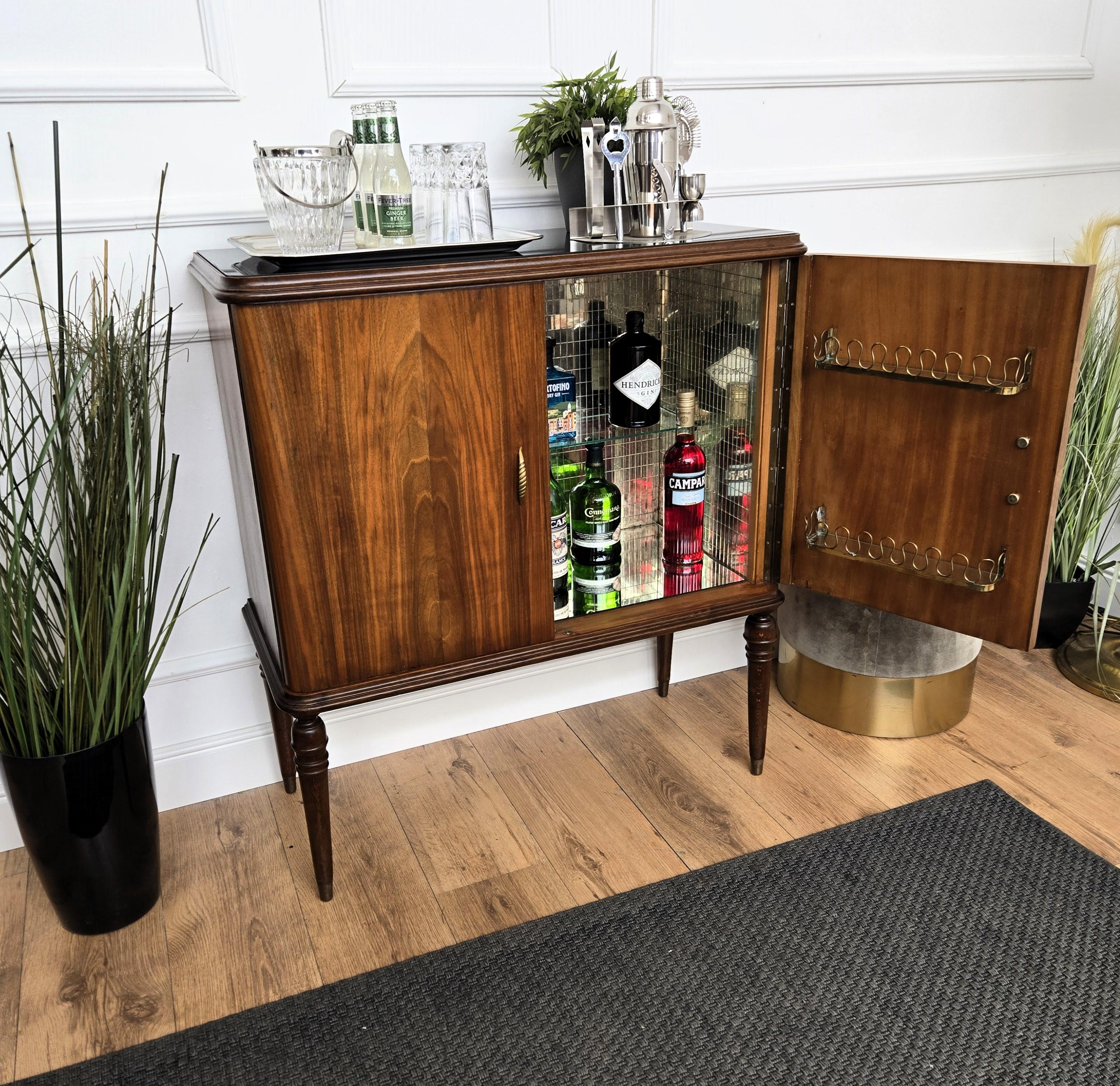 Art Deco Italian 1950s Mid-Century Modern Walnut and Mirror Mosaic Dry Bar Liquor Cabinet