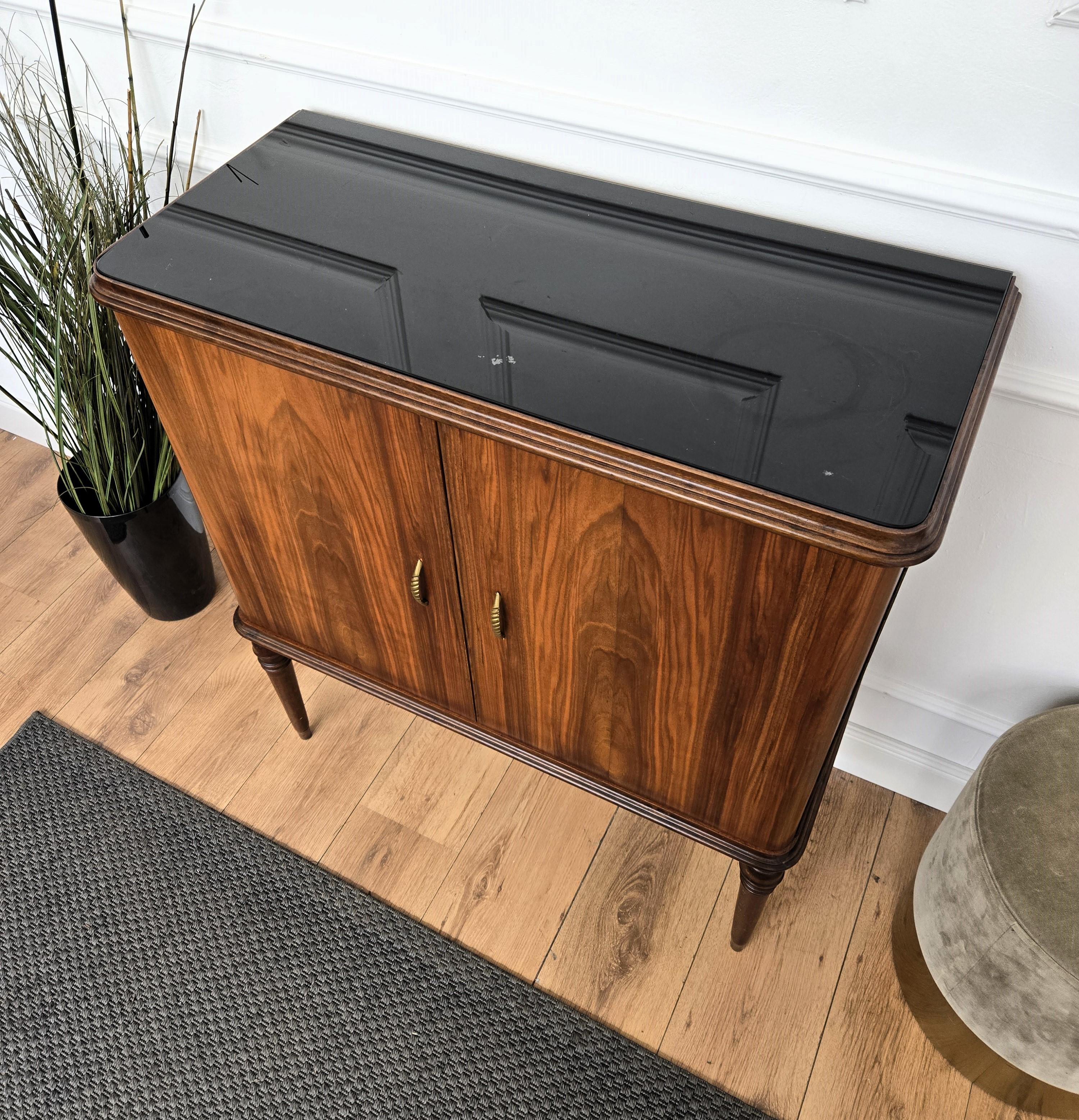 Italian 1950s Mid-Century Modern Walnut and Mirror Mosaic Dry Bar Liquor Cabinet 1