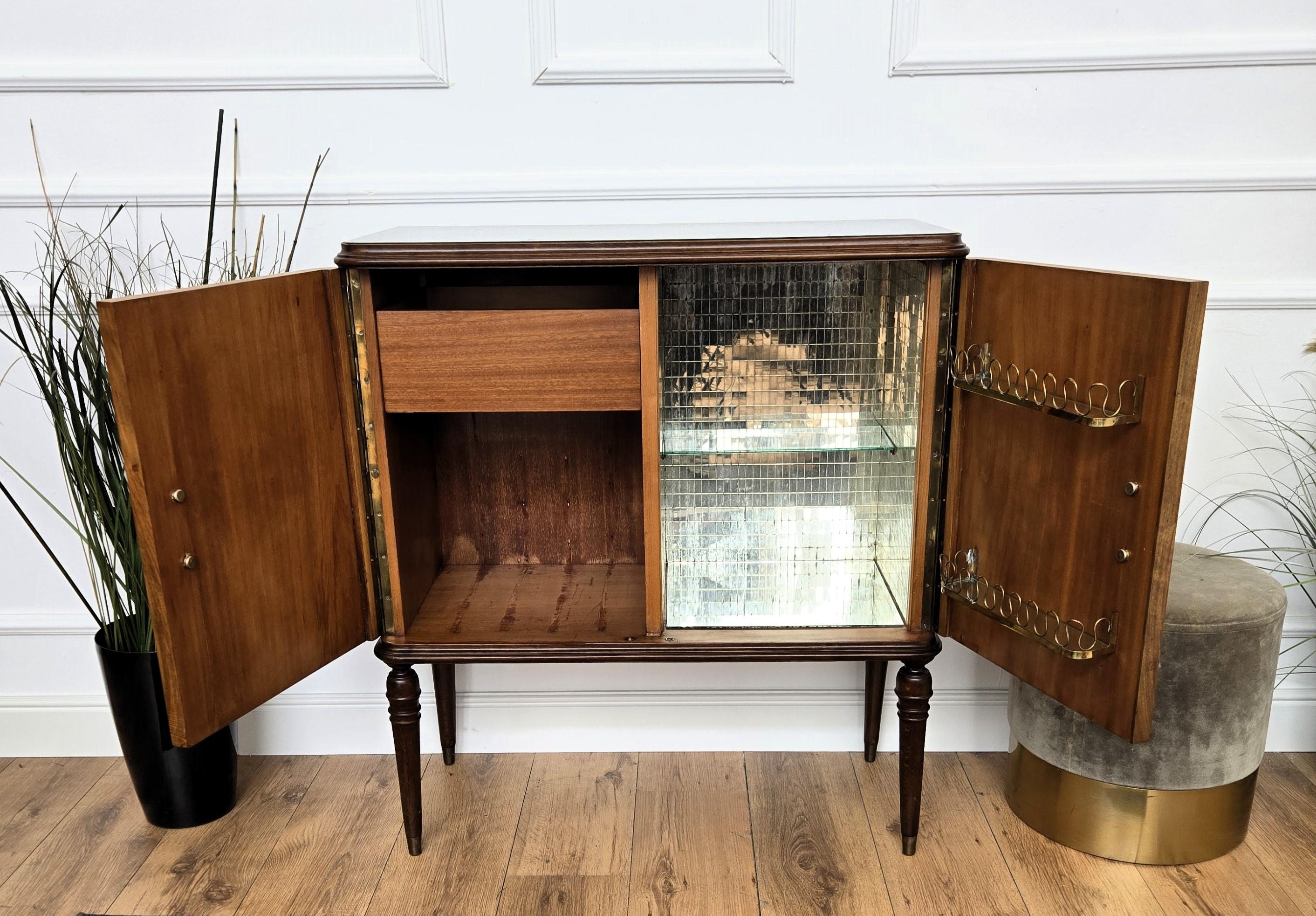 Italian 1950s Mid-Century Modern Walnut and Mirror Mosaic Dry Bar Liquor Cabinet 2