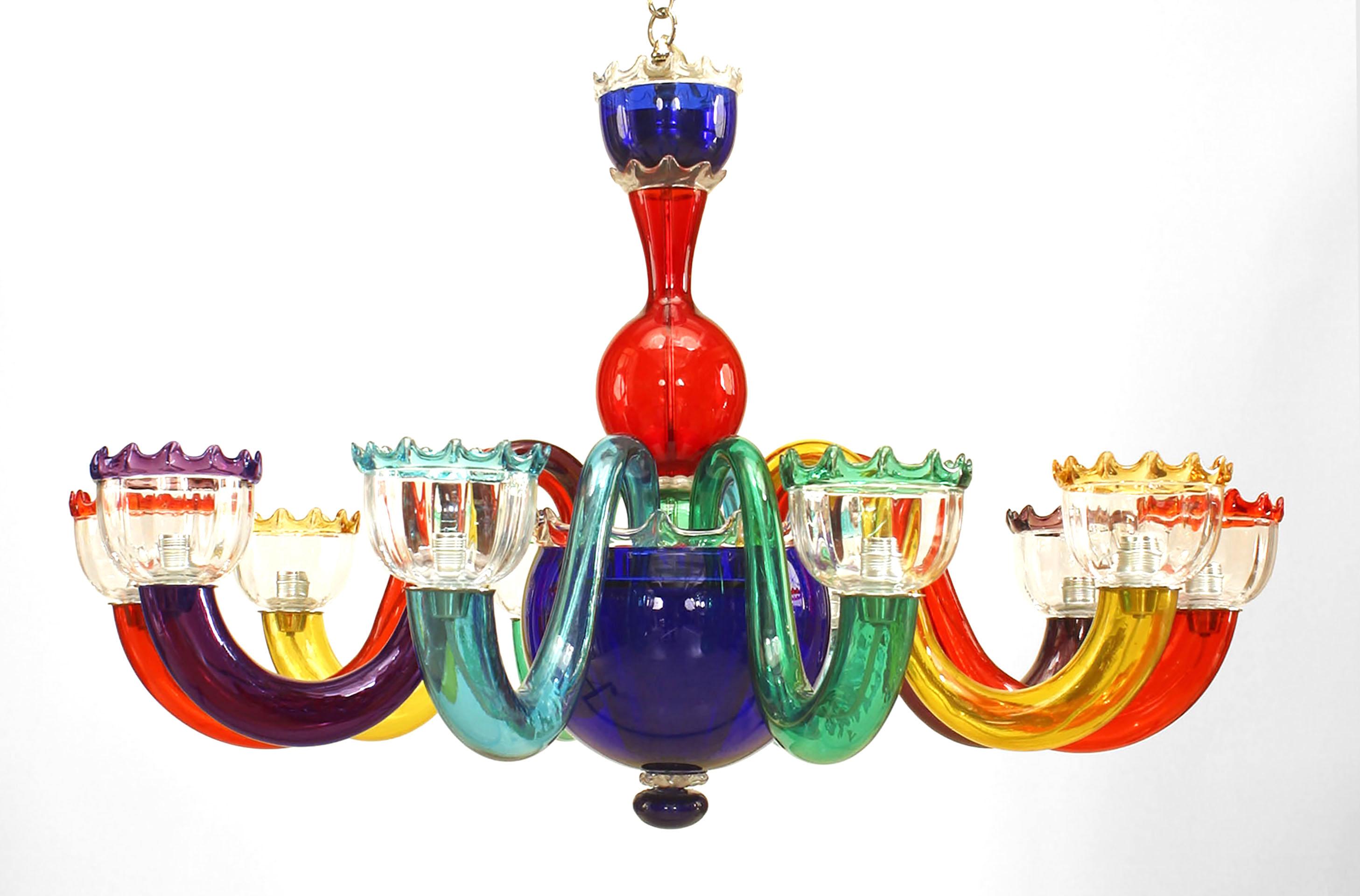 Italian (1950s) multicolored Murano glass chandelier with 10 scroll form arms and clear shades with colored scalloped edge (Attributed to GIO PONTI)
