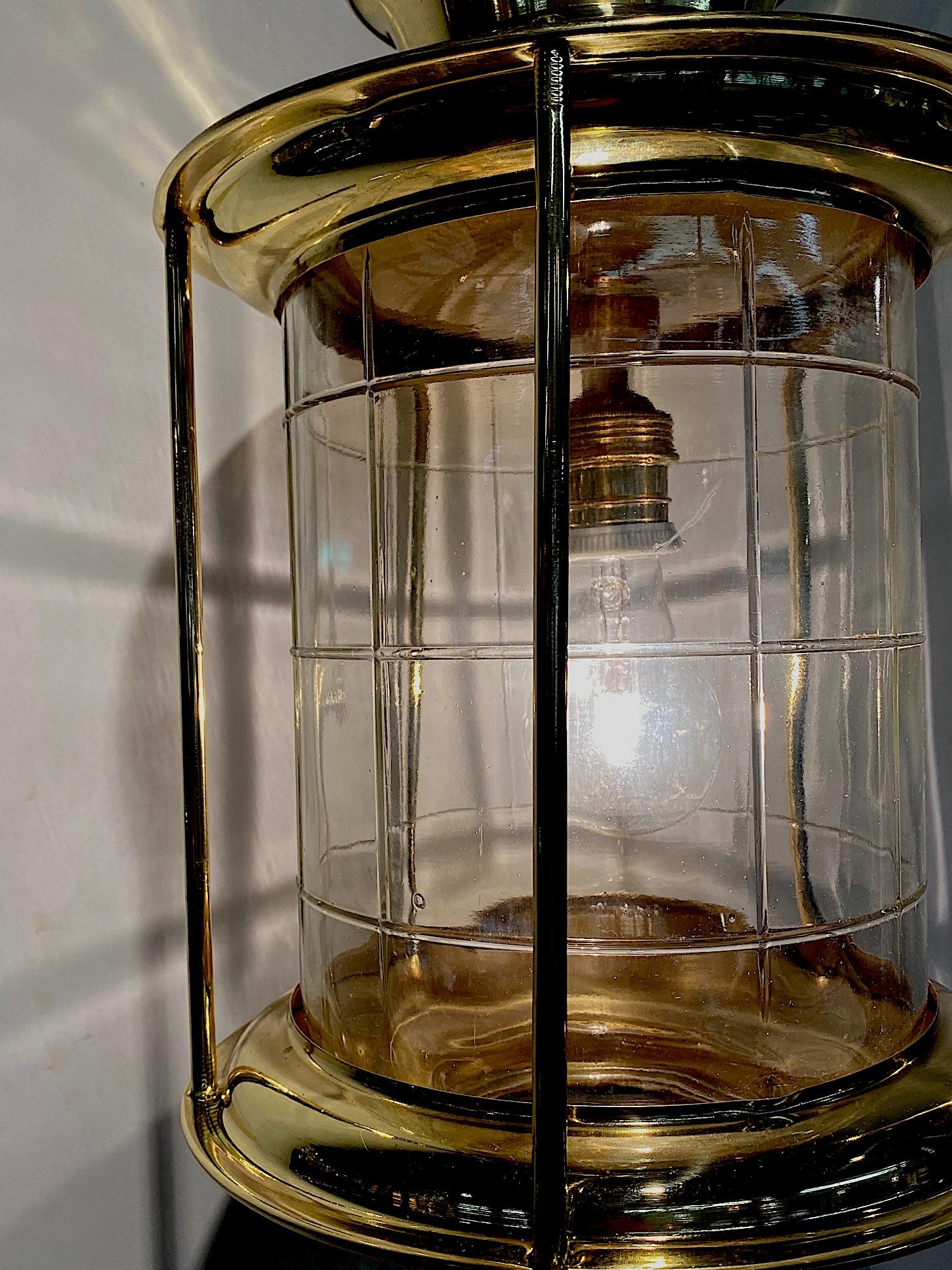 Italian 1950s Nautical Style Round Brass and Glass Lantern In Good Condition In New York, NY