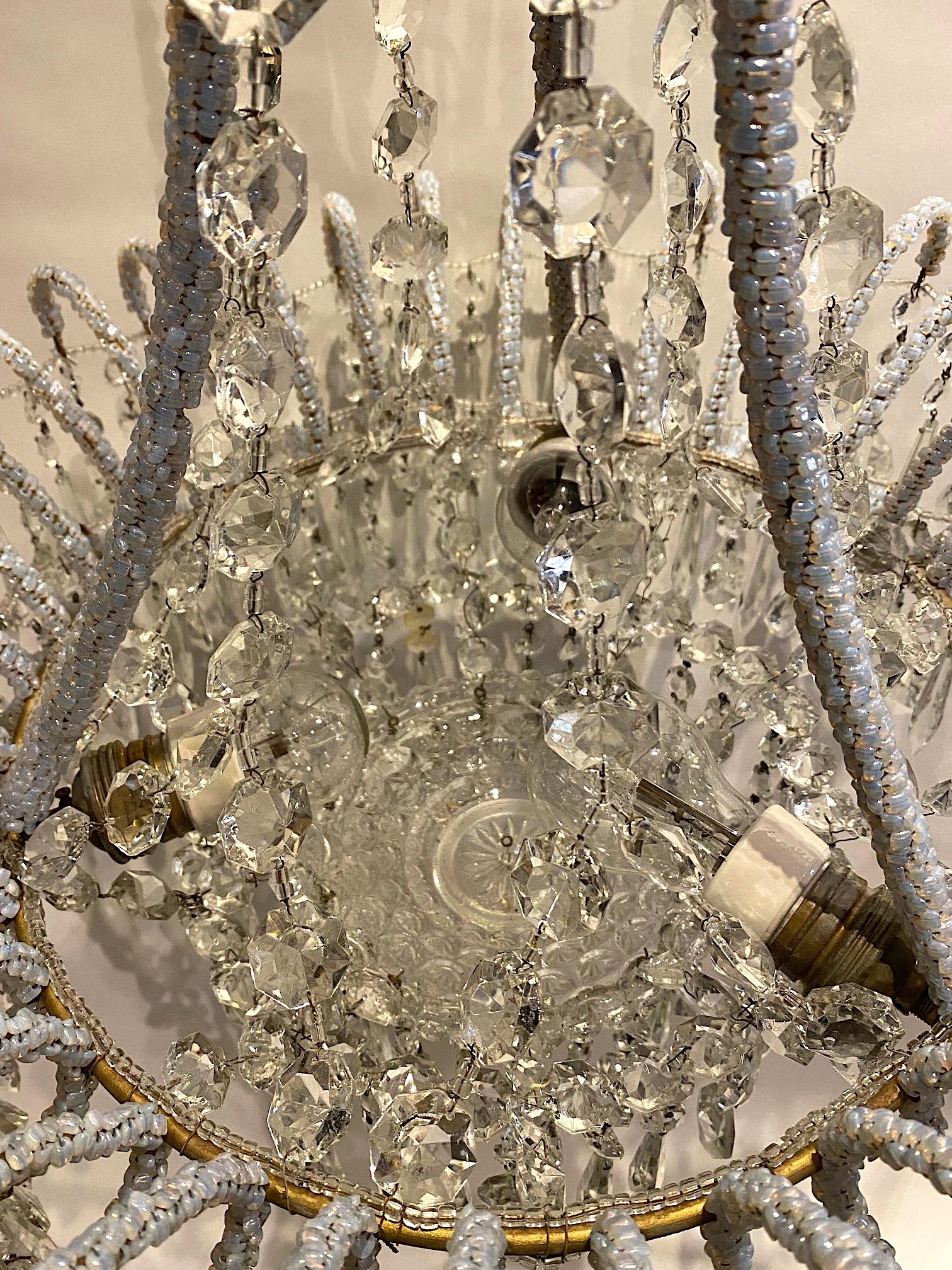 Hand-Crafted Italian 1950s Opaline Bead and Crystal Fountain Chandelier