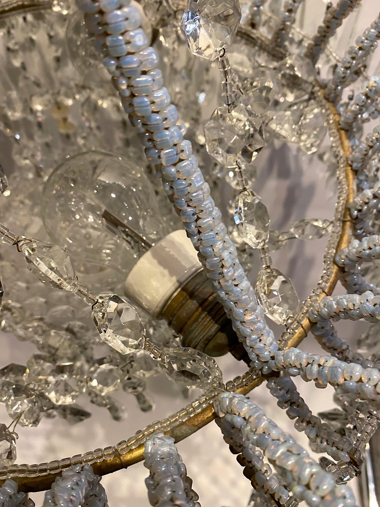 Italian 1950s Opaline Bead and Crystal Fountain Chandelier In Good Condition In New York, NY