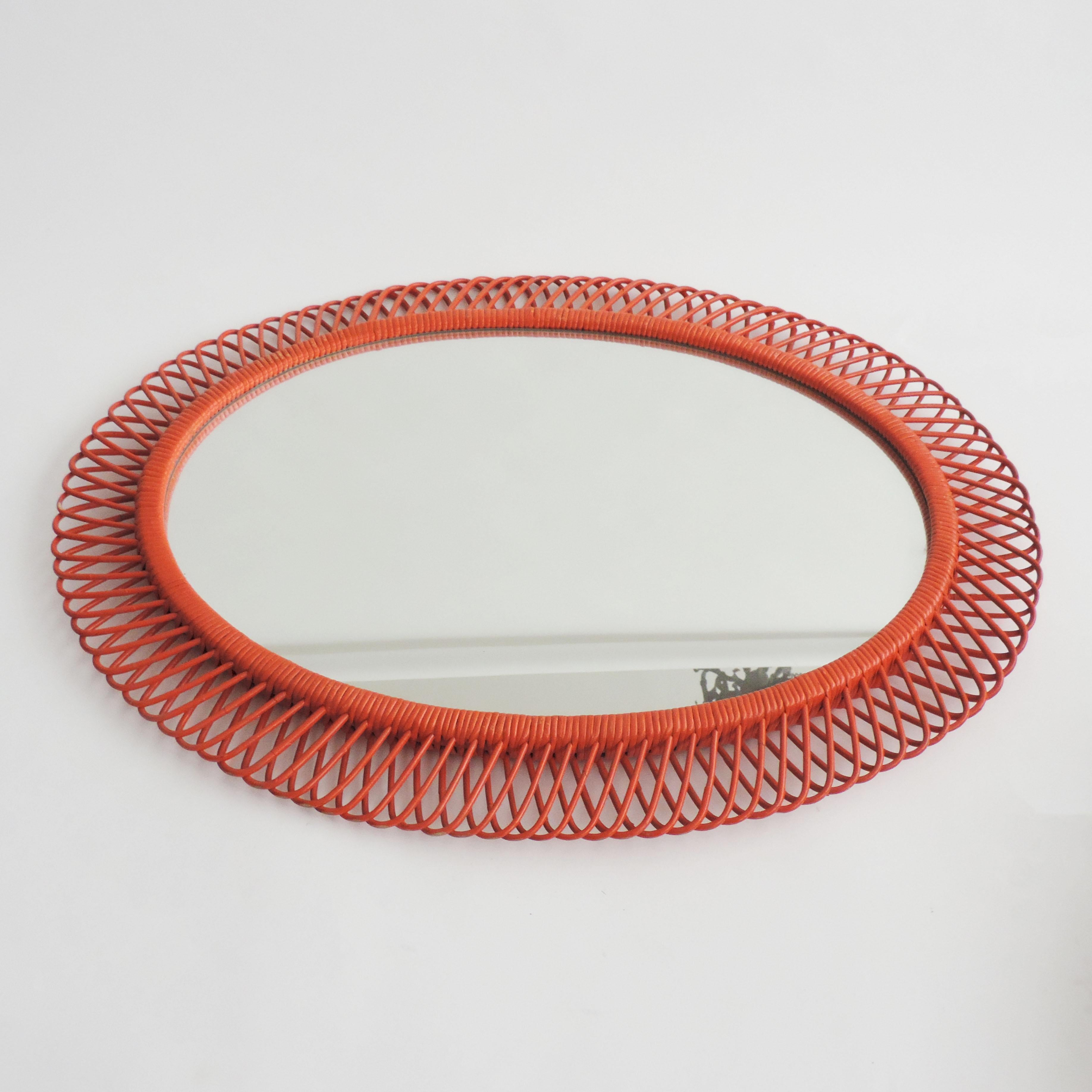 Mid-Century Modern Italian 1950s Orange Painted Oval Wicker Mirror