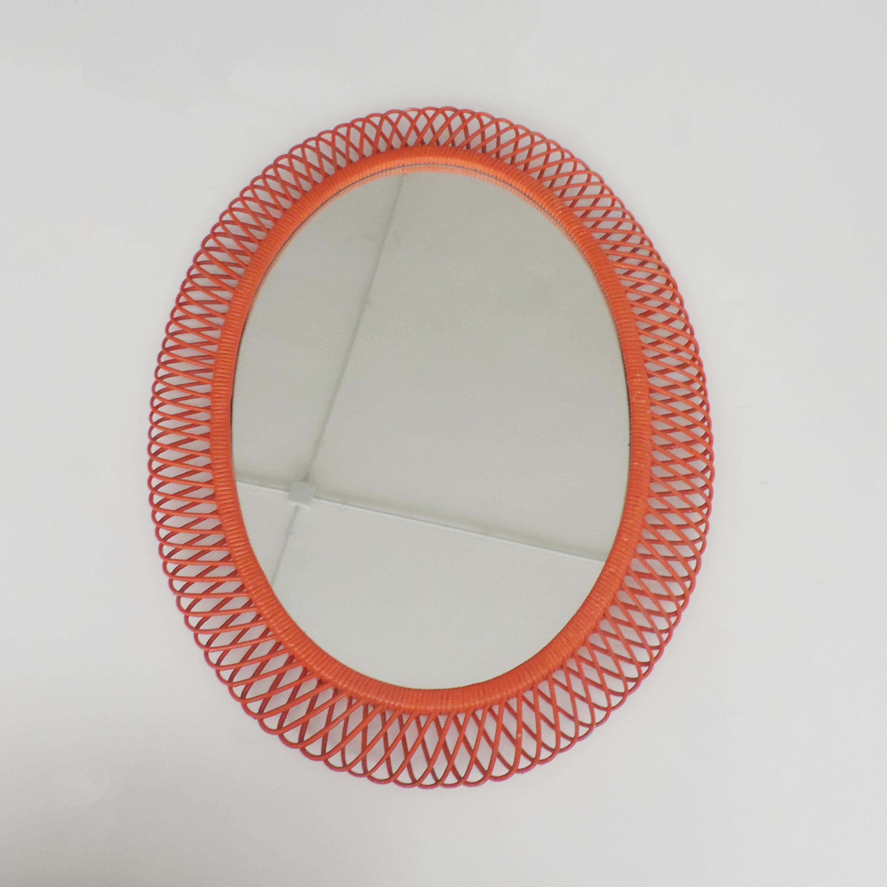 Mid-20th Century Italian 1950s Orange Painted Oval Wicker Mirror