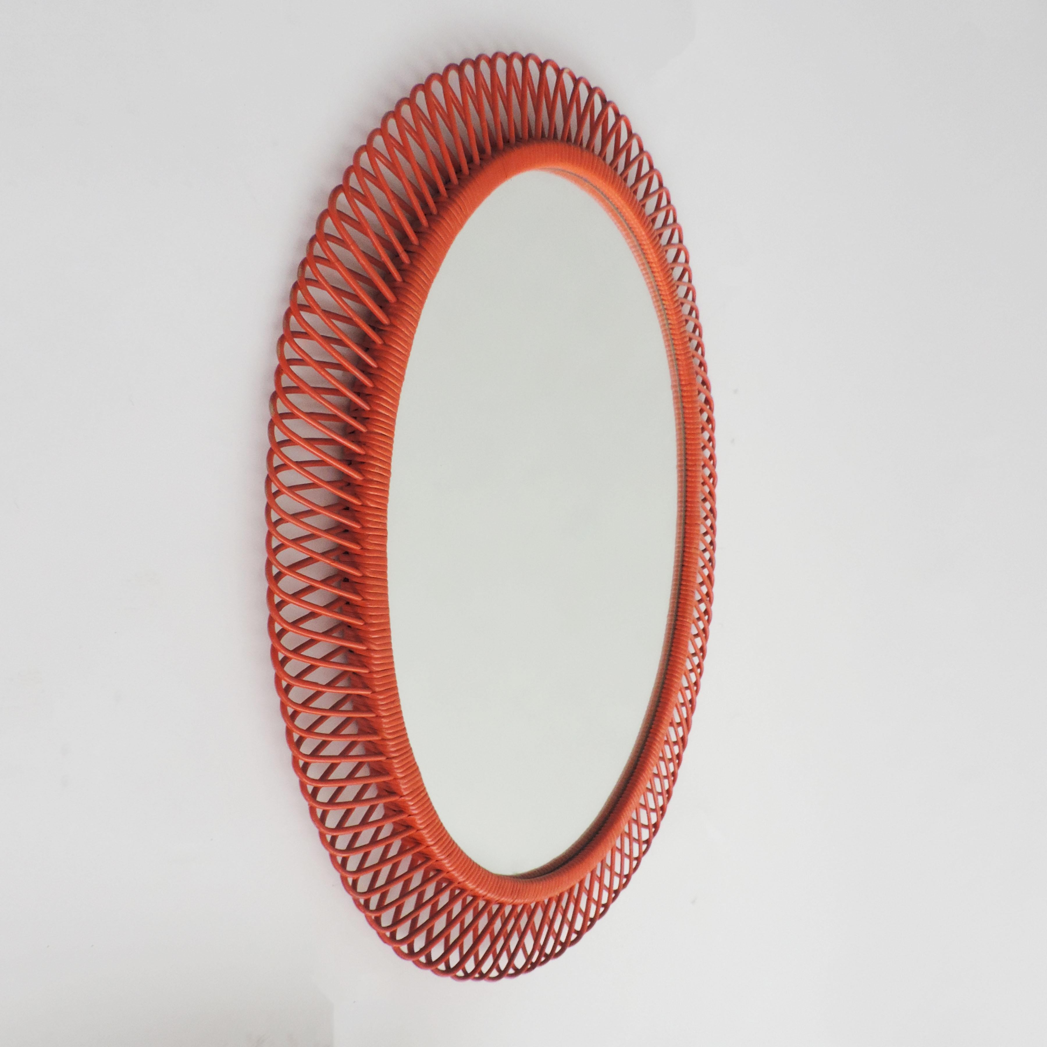 Italian 1950s Orange Painted Oval Wicker Mirror 1