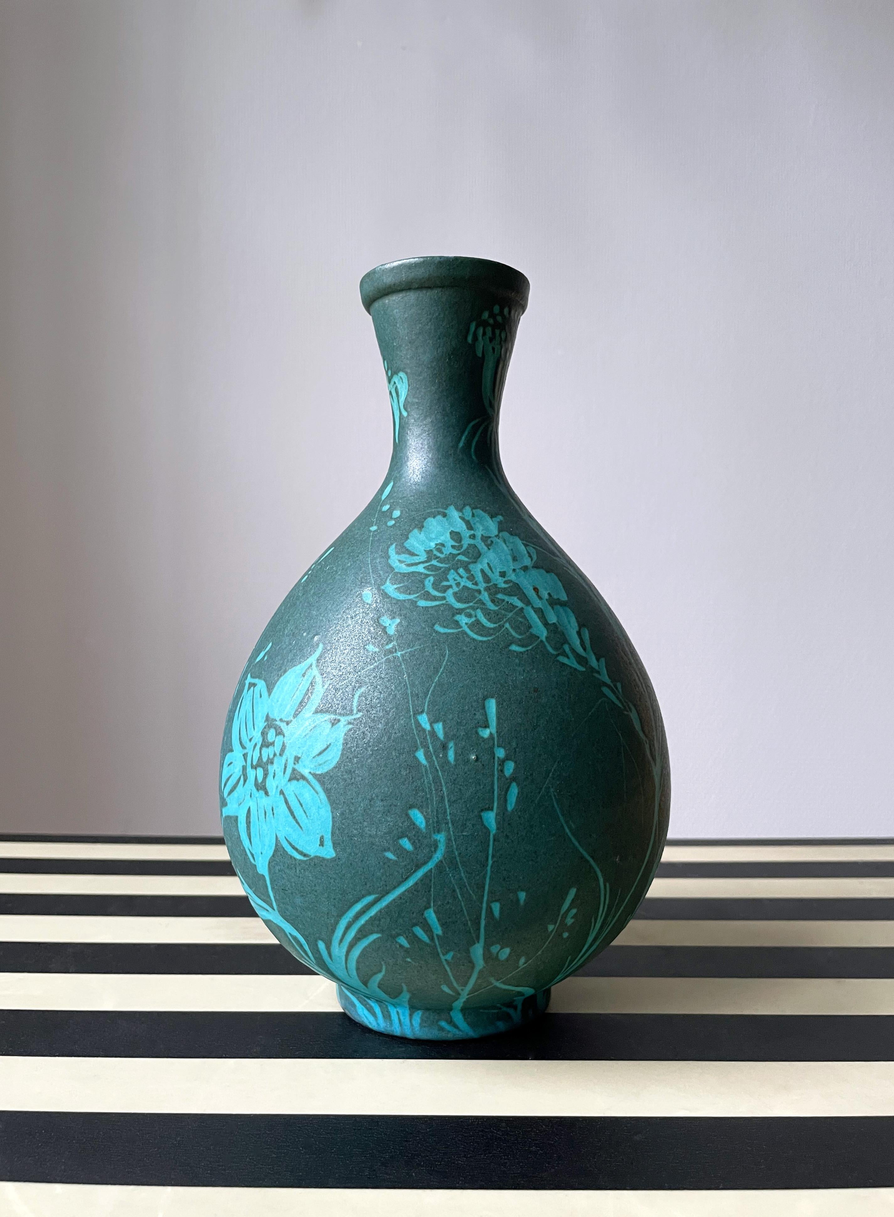 Italian 1950s Floral Sea Green Ceramic Vase For Sale 3