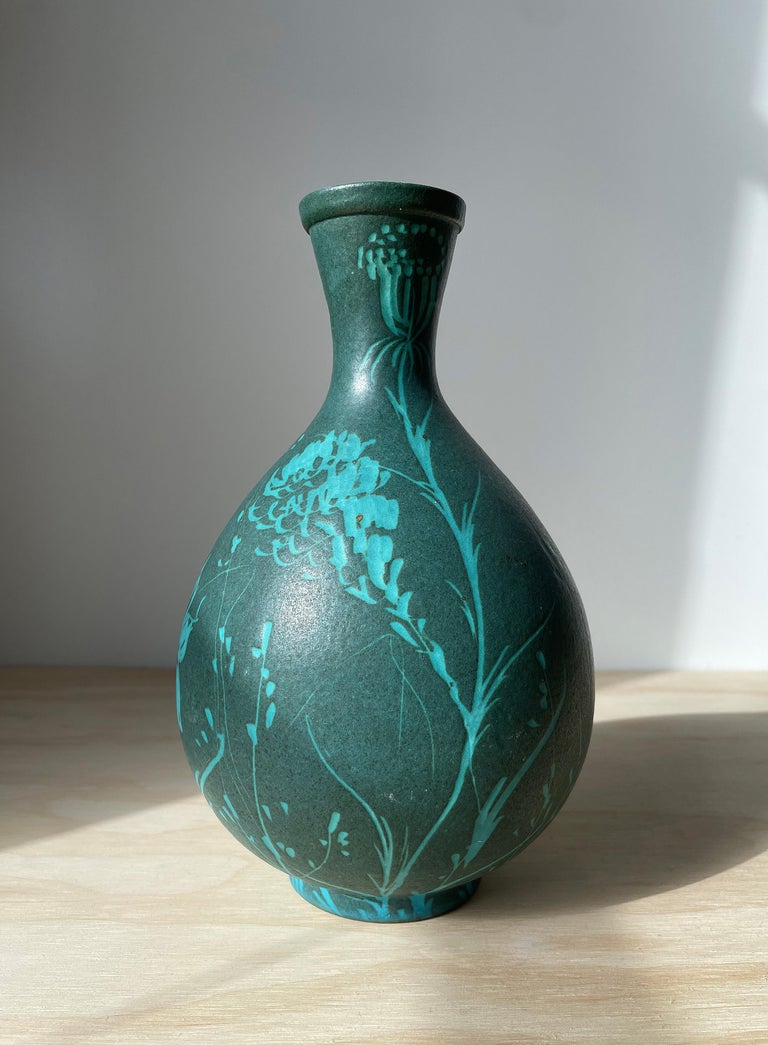 Hand-Carved Italian 1950s Organic Floral Sea Green Handmade Ceramic Vase For Sale