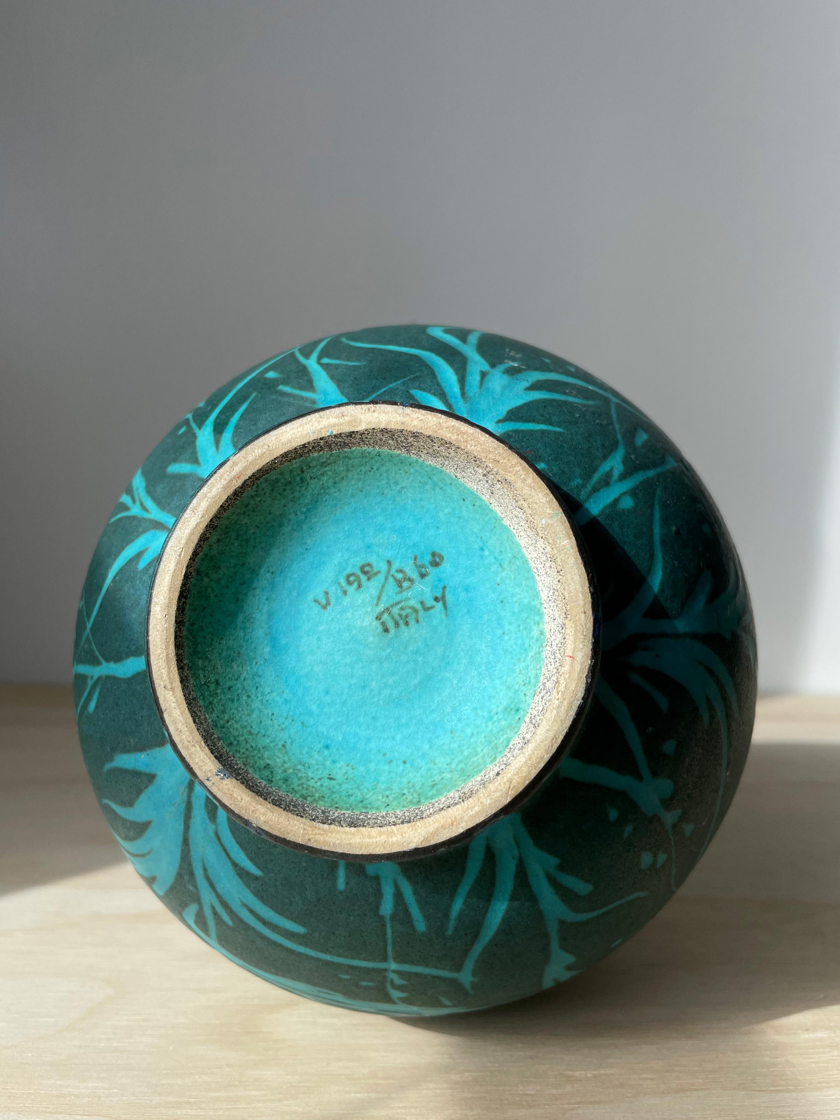 20th Century Italian 1950s Floral Sea Green Ceramic Vase For Sale