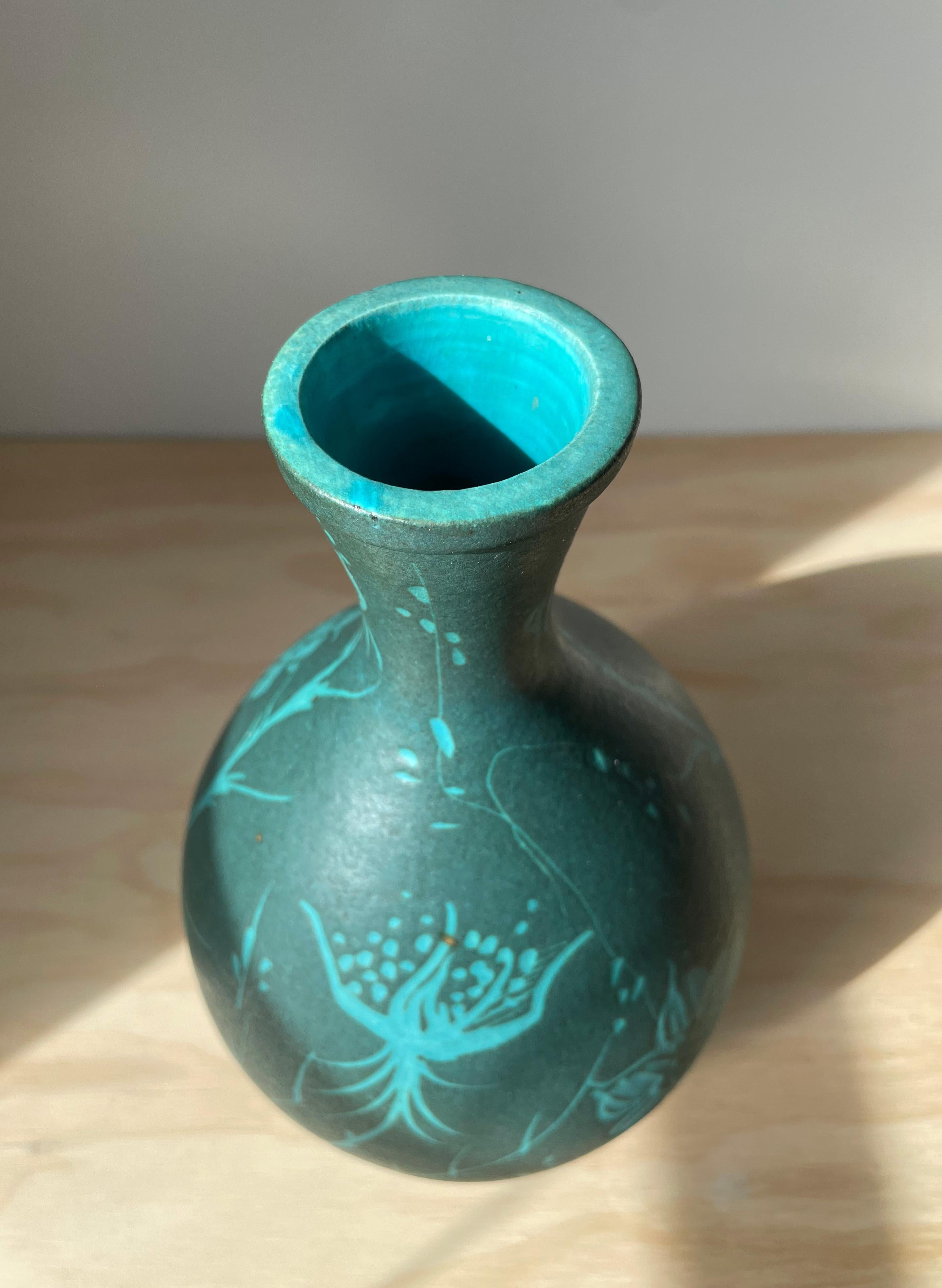 Pottery Italian 1950s Floral Sea Green Ceramic Vase For Sale