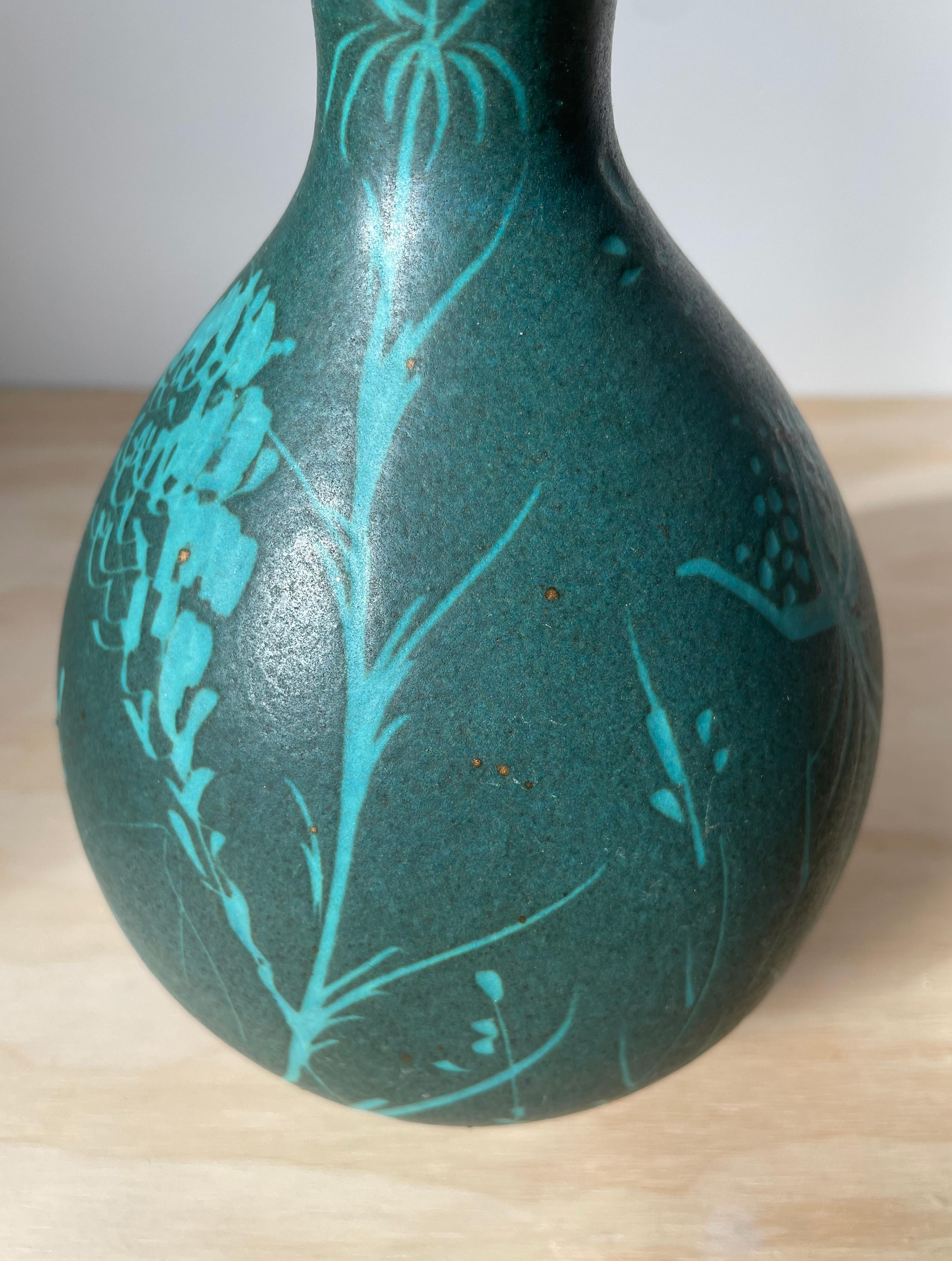 Italian 1950s Floral Sea Green Ceramic Vase For Sale 1