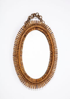 Italian 1950's Oval Bamboo Mirror with Chain