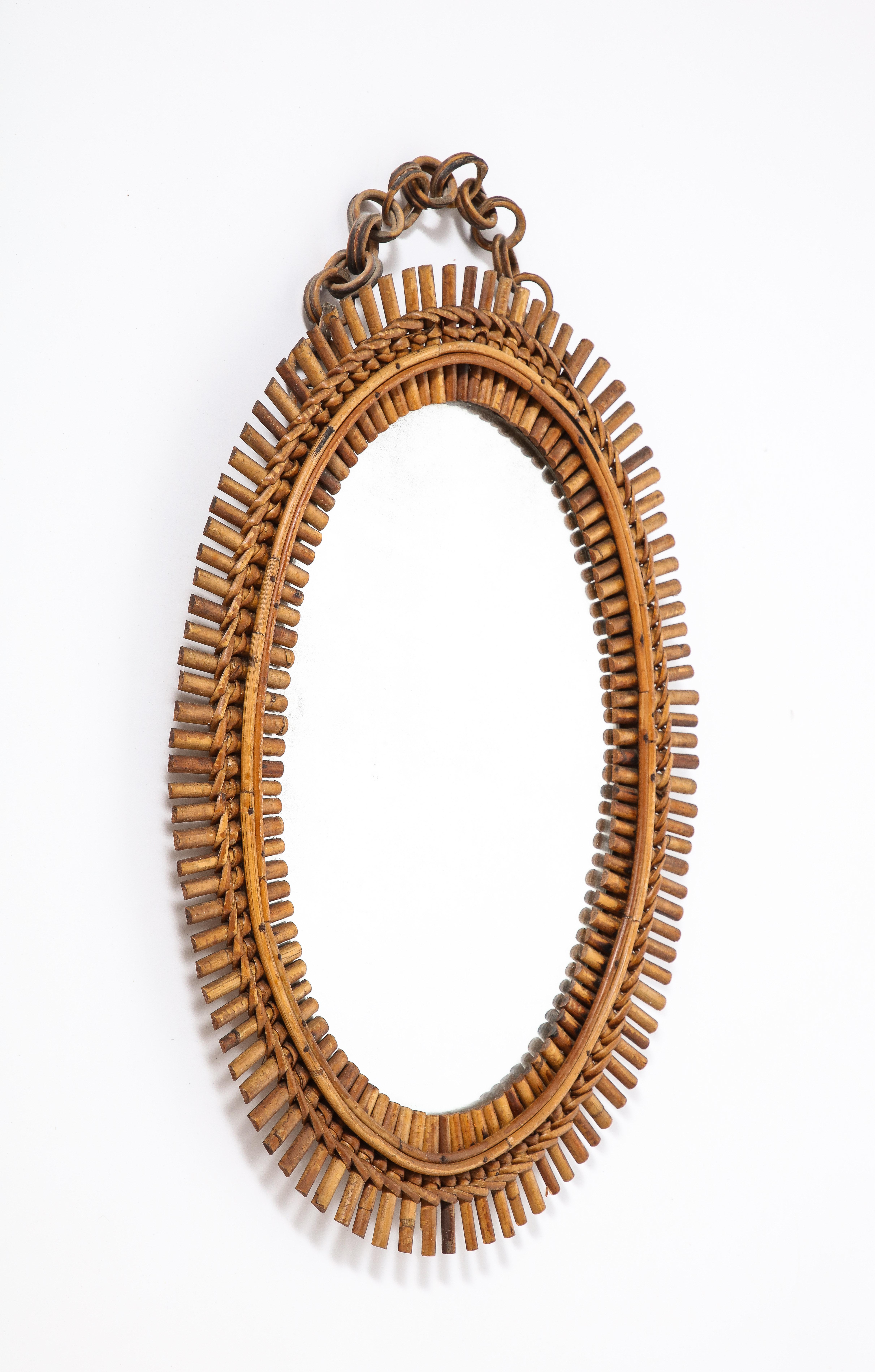 Mid-Century Modern Italian 1950's Oval Bamboo Mirror with Chain For Sale