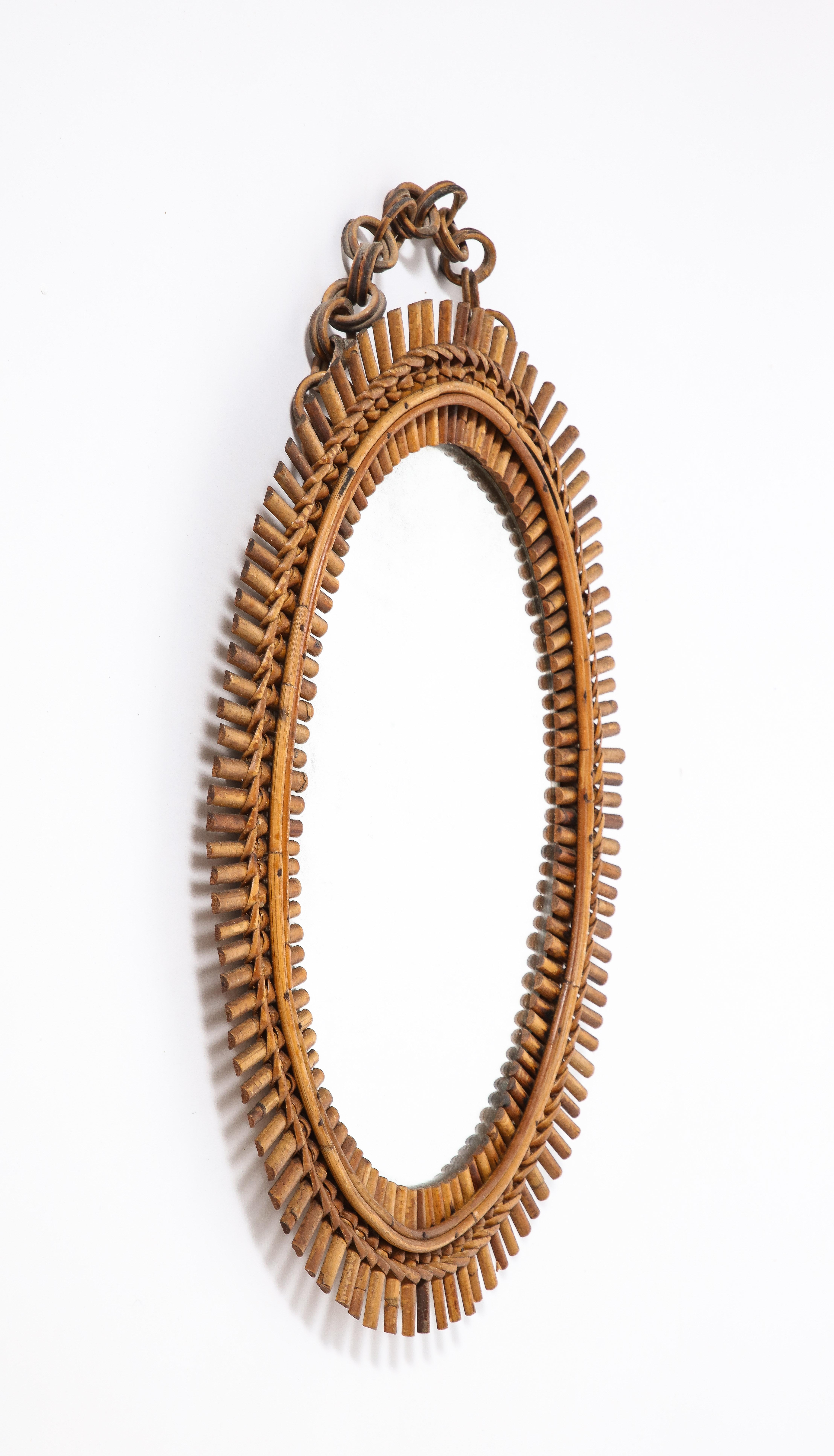 Italian 1950's Oval Bamboo Mirror with Chain In Good Condition For Sale In New York, NY