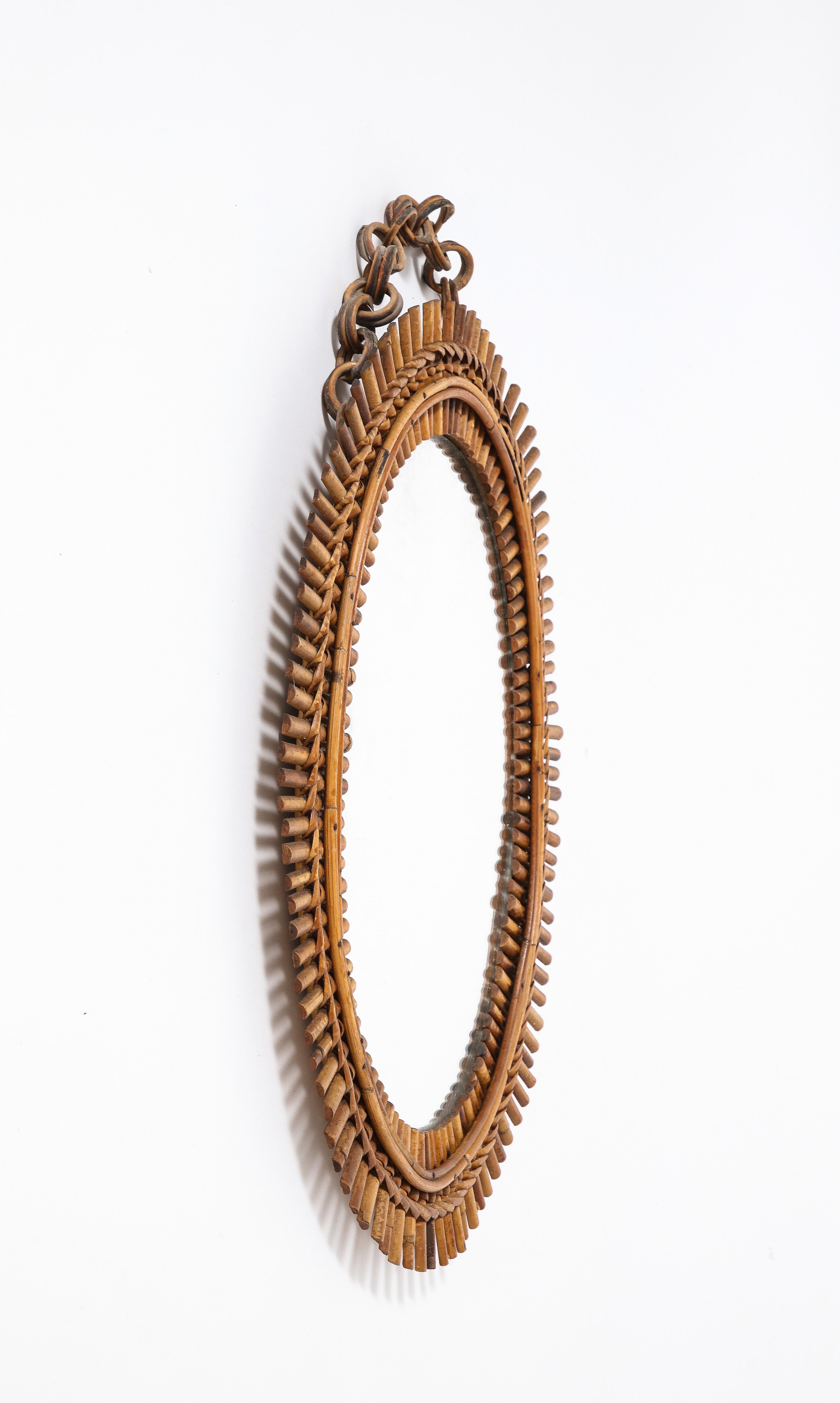 Mid-20th Century Italian 1950's Oval Bamboo Mirror with Chain For Sale