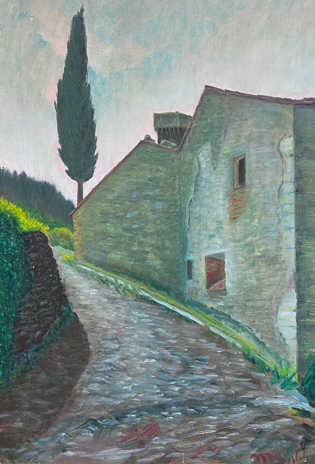 Peinture à l'huile signée Cypress Tree Old Tuscan Stone Village Houses Winding Lane - Painting de Italian 1950's