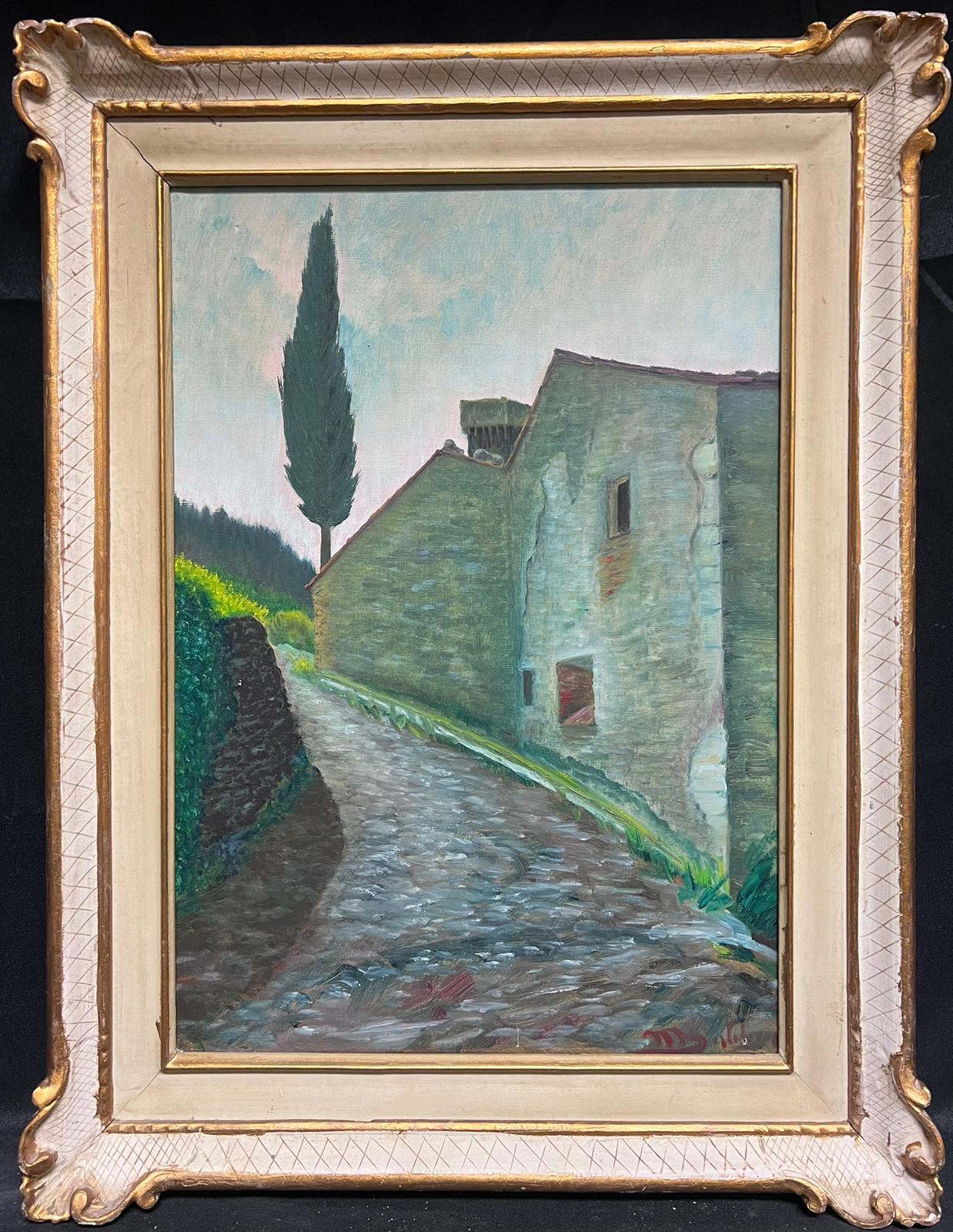 Landscape Painting Italian 1950's - Peinture à l'huile signée Cypress Tree Old Tuscan Stone Village Houses Winding Lane