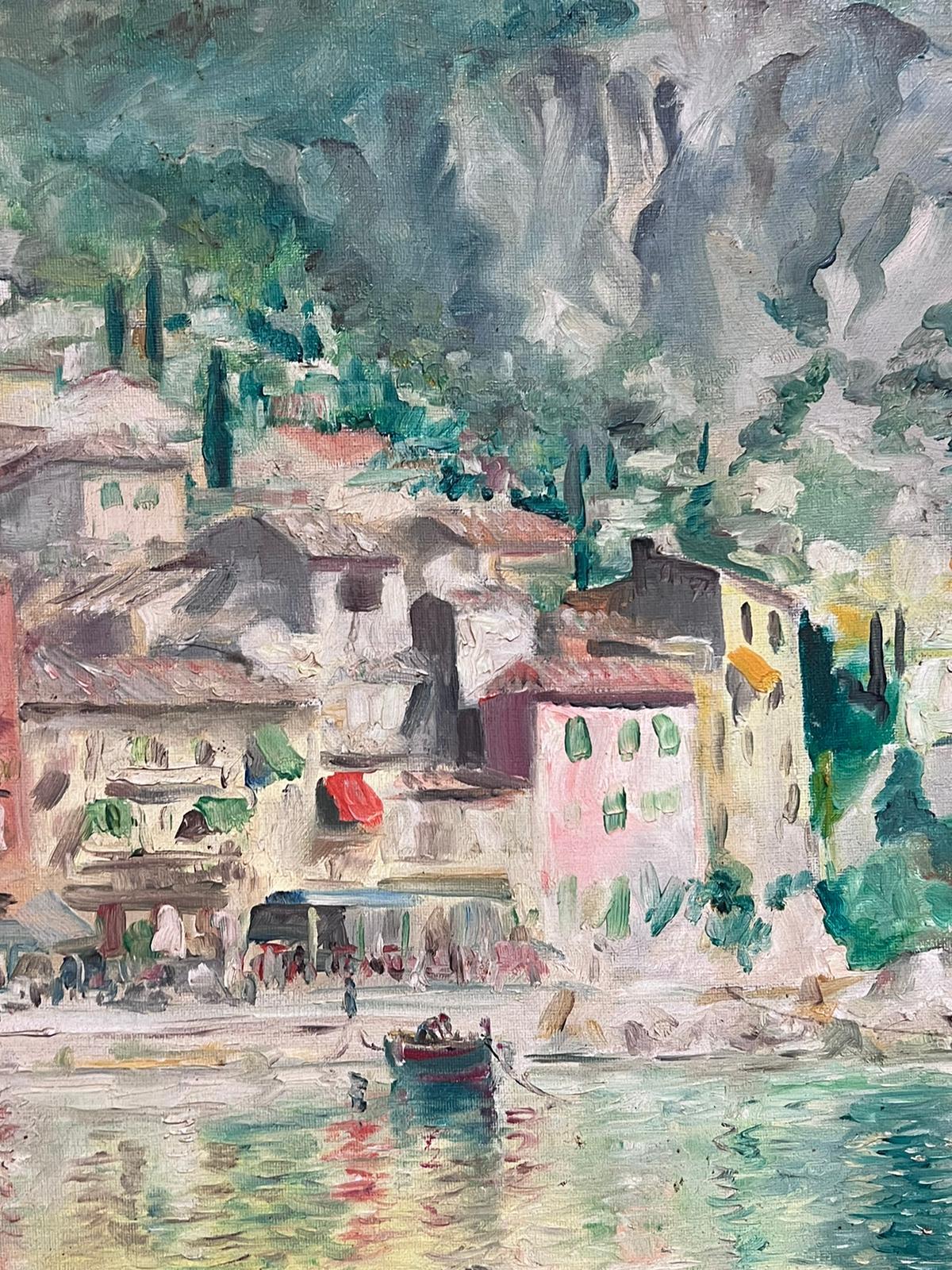 Peinture à l'huile italienne du milieu du siècle dernier « The Italian Riviera Coastal Town on Sea » signée - Painting de Italian 1950's