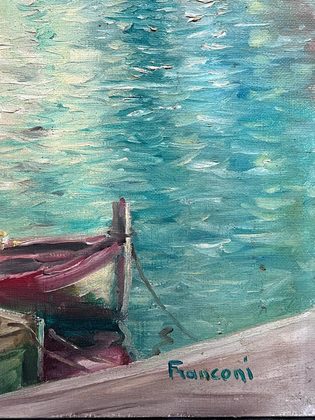 Peinture à l'huile italienne du milieu du siècle dernier « The Italian Riviera Coastal Town on Sea » signée en vente 2