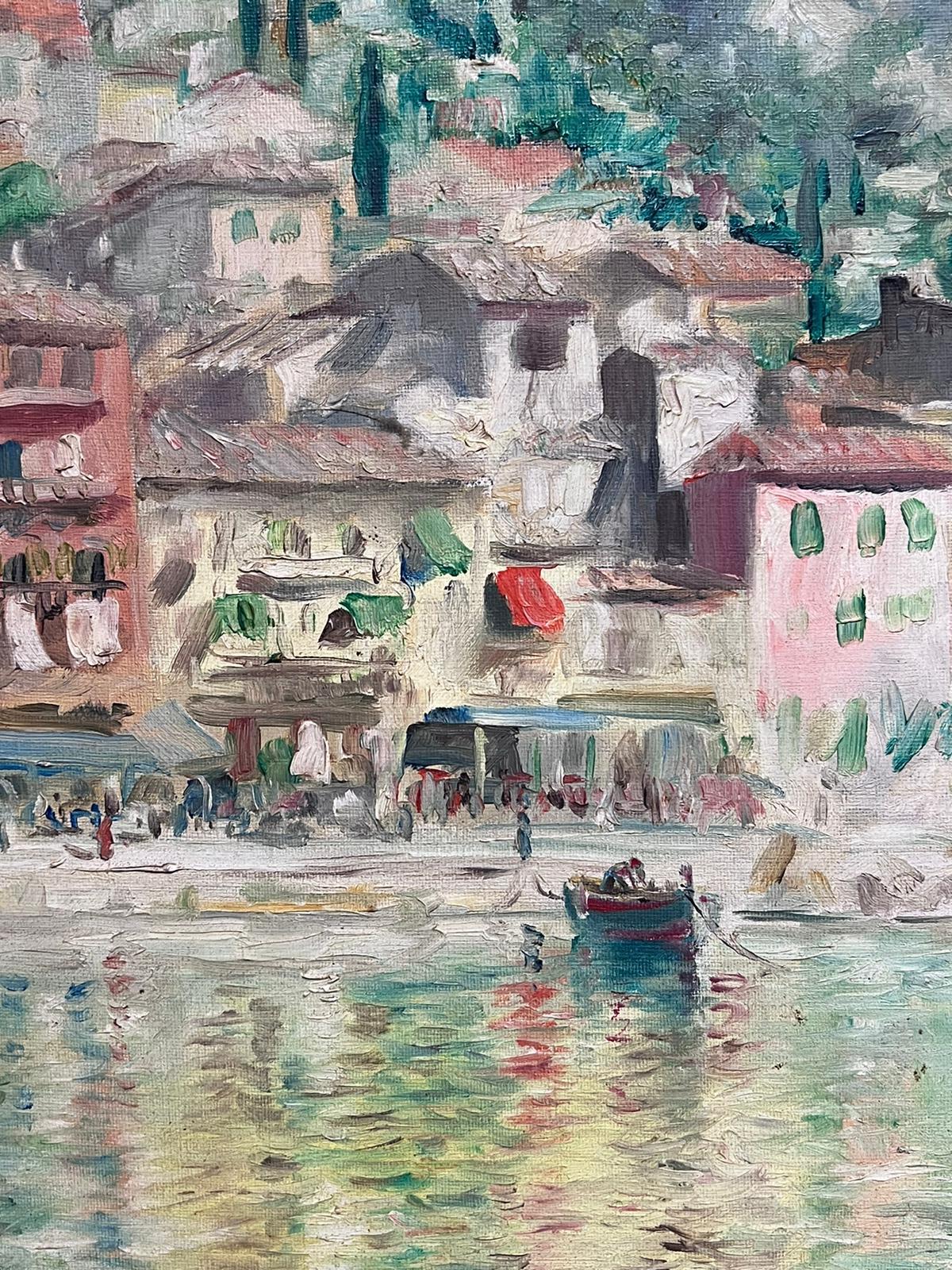 The Italian Riviera Coastal Town on Sea Signed Mid Century Italian Oil Painting For Sale 5