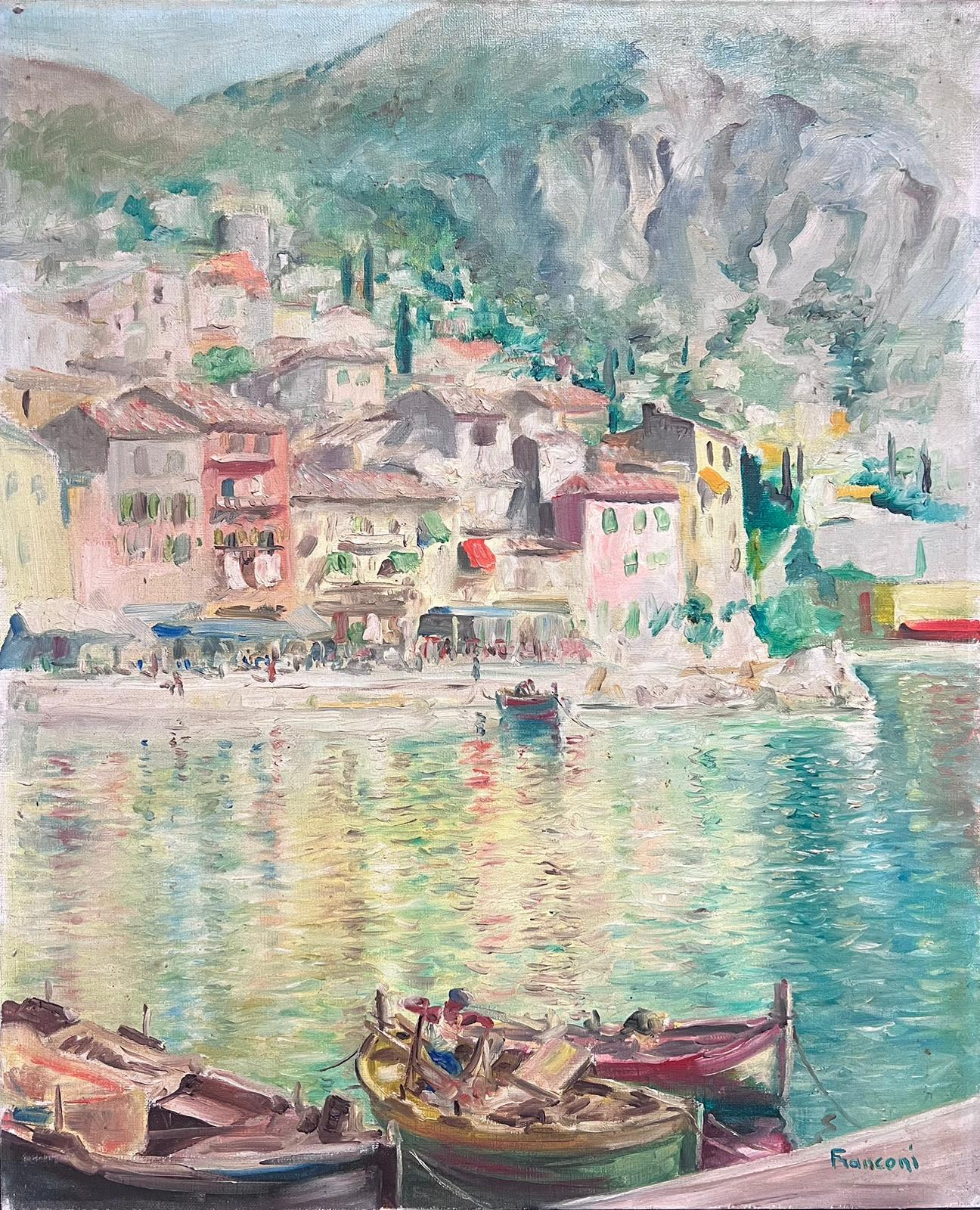 Landscape Painting Italian 1950's - Peinture à l'huile italienne du milieu du siècle dernier « The Italian Riviera Coastal Town on Sea » signée