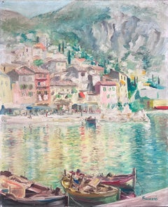 Peinture à l'huile italienne du milieu du siècle dernier « The Italian Riviera Coastal Town on Sea » signée