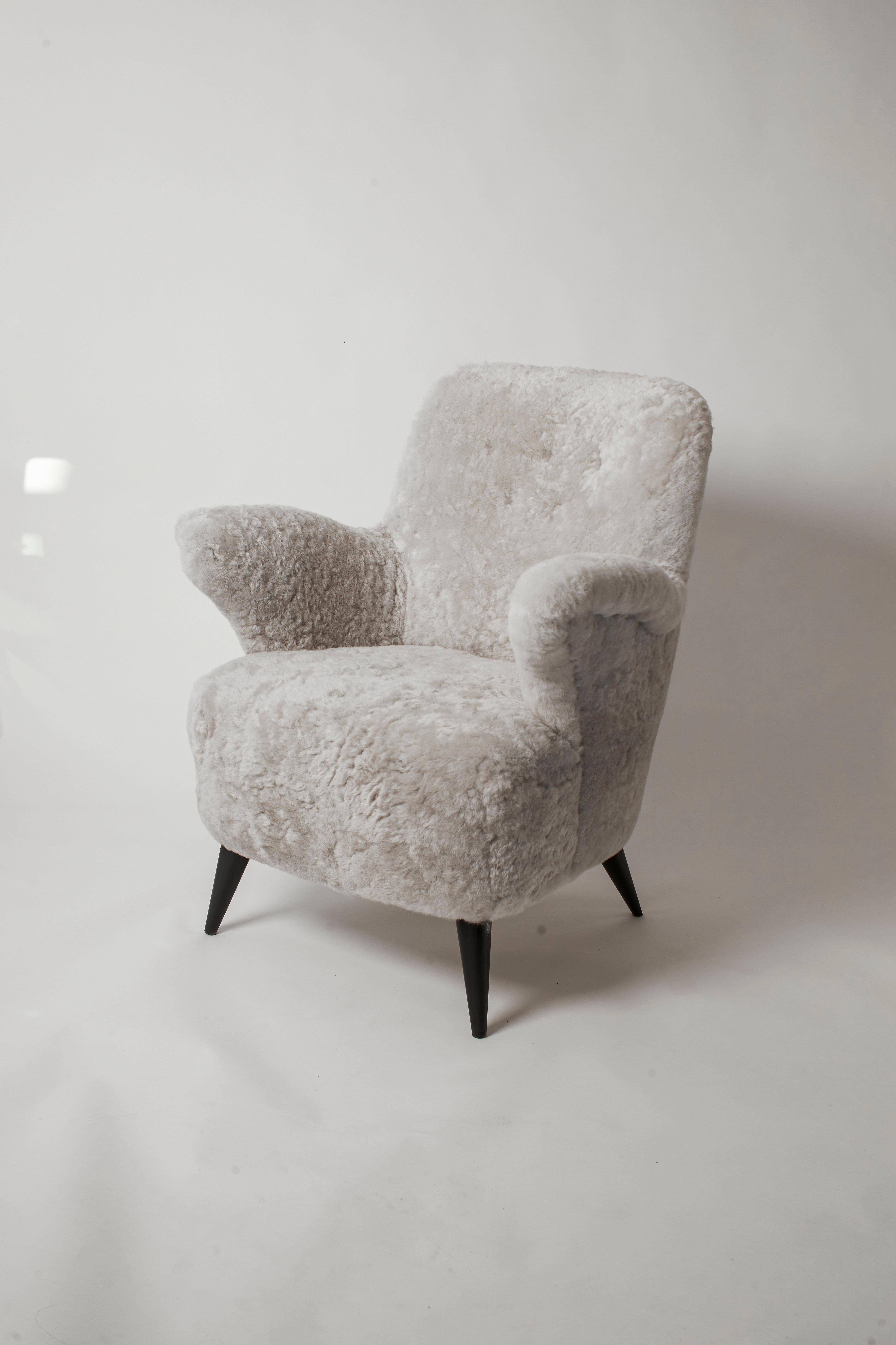 Italian 1950's Pair of Arm Chairs Restored & Reupholstered in Rock Shearling  1