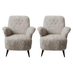 Italian 1950's Pair of Arm Chairs Restored & Reupholstered in Rock Shearling 