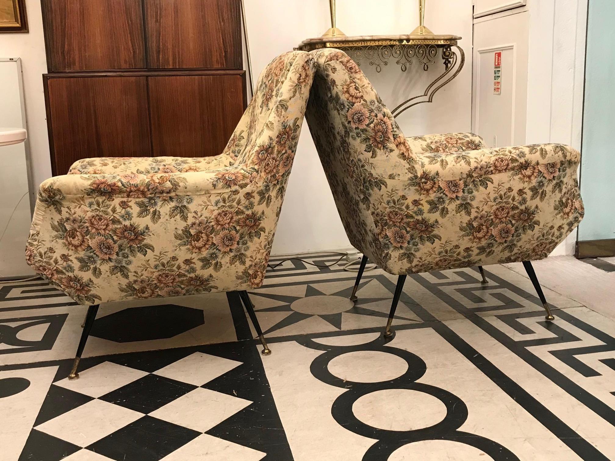 Italian 1950s pair of Mid-Century Modern armchairs with the original fabric.