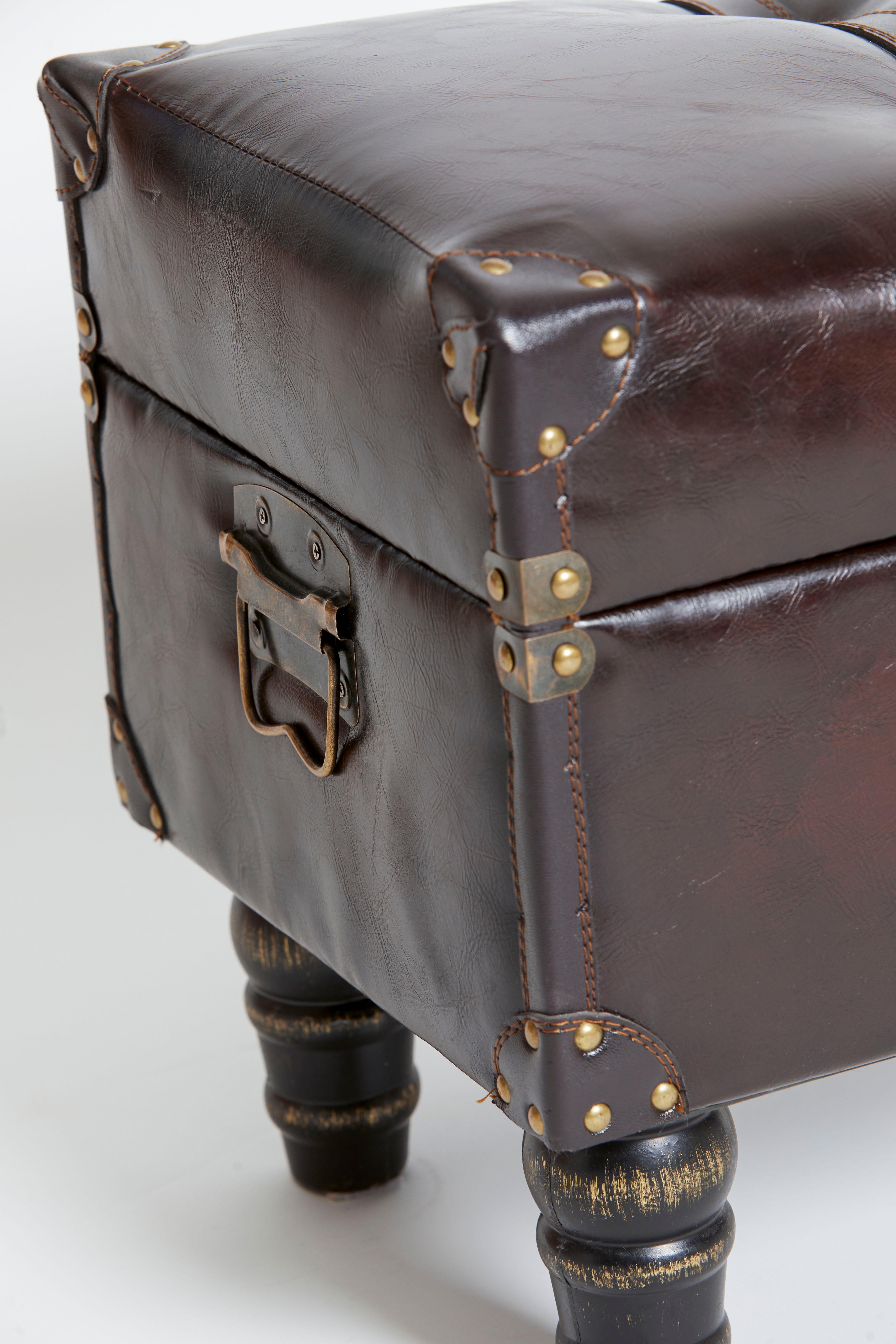 Mid-20th Century Italian 1950's Pair of Leather & Oak Stool Trunks with Side Handle & Buckle
