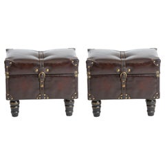 Italian 1950's Pair of Leather & Oak Stool Trunks with Side Handle & Buckle