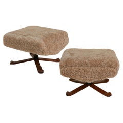 Italian 1950's Pair of Walnut Shearling Ottomans