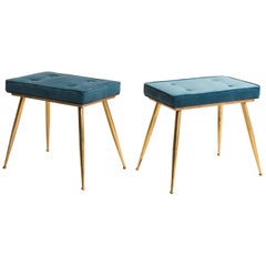 Vintage Italian 1950s Period Pair of Blue Velvet Brass Stools