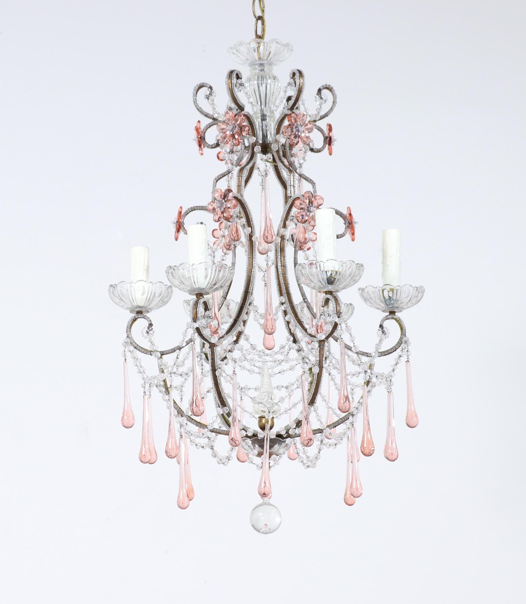 Louis XVI Italian 1950s Pink Crystal Beaded Chandelier
