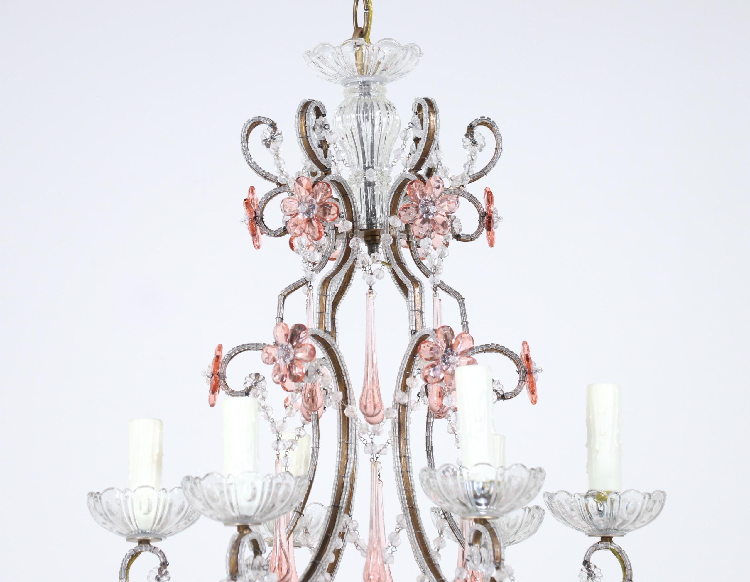 Italian 1950s Pink Crystal Beaded Chandelier In Good Condition In Los Angeles, CA