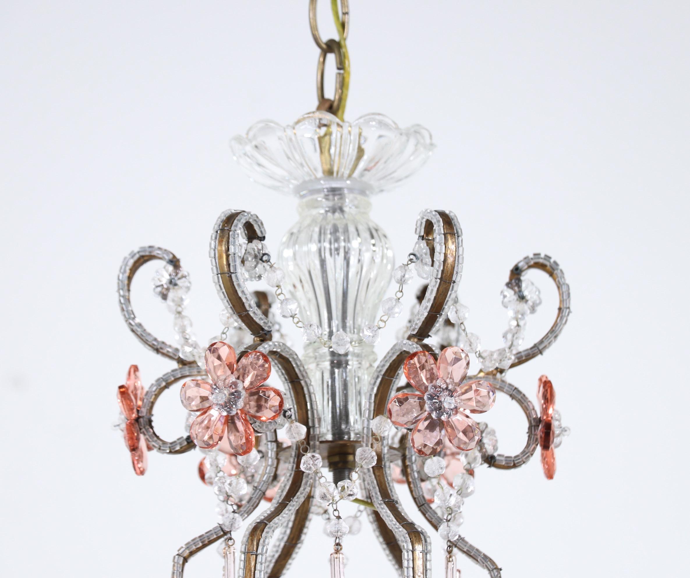 Mid-20th Century Italian 1950s Pink Crystal Beaded Chandelier