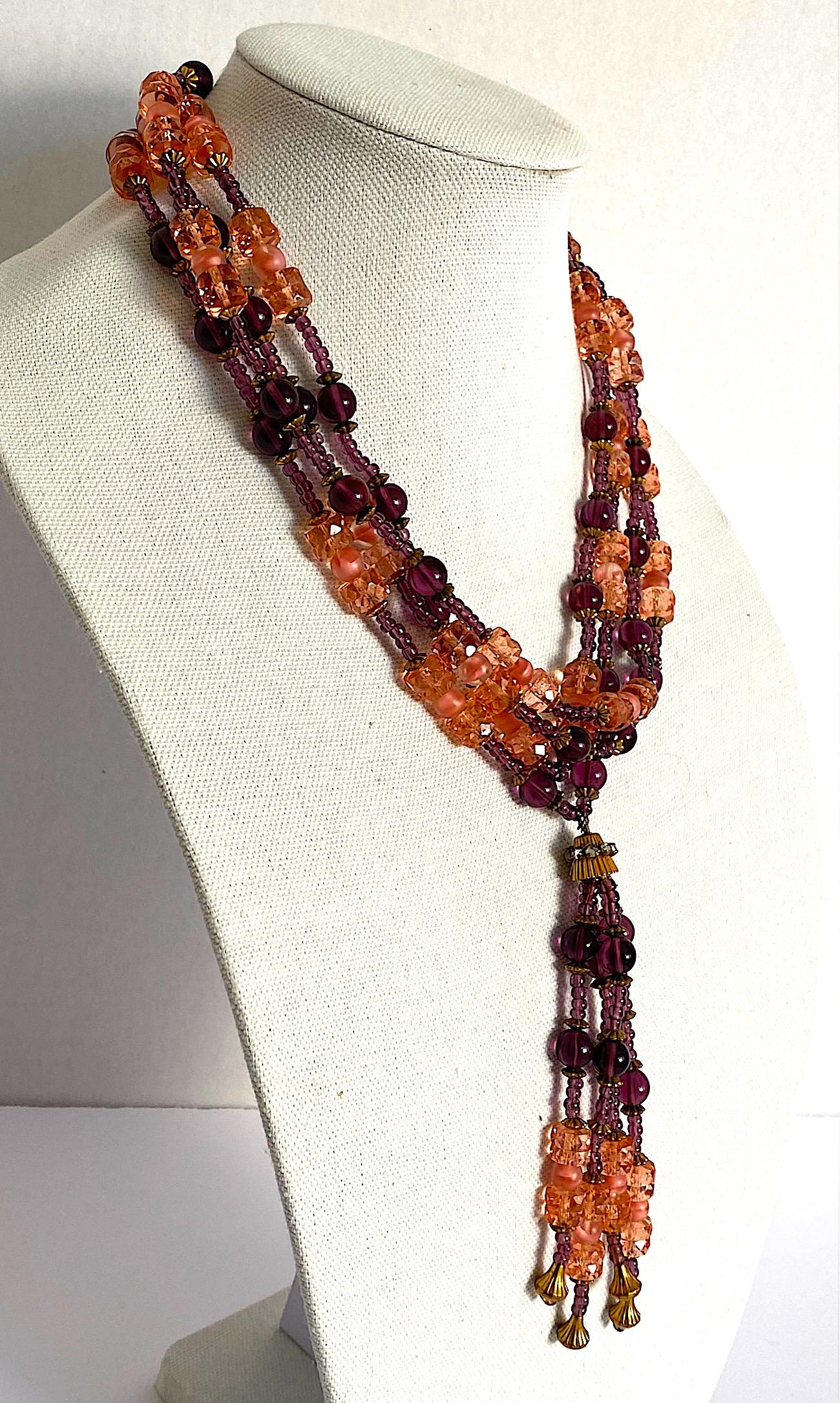 Italian 1950s Purple & Pink Glass Bead Tassel Necklace 3