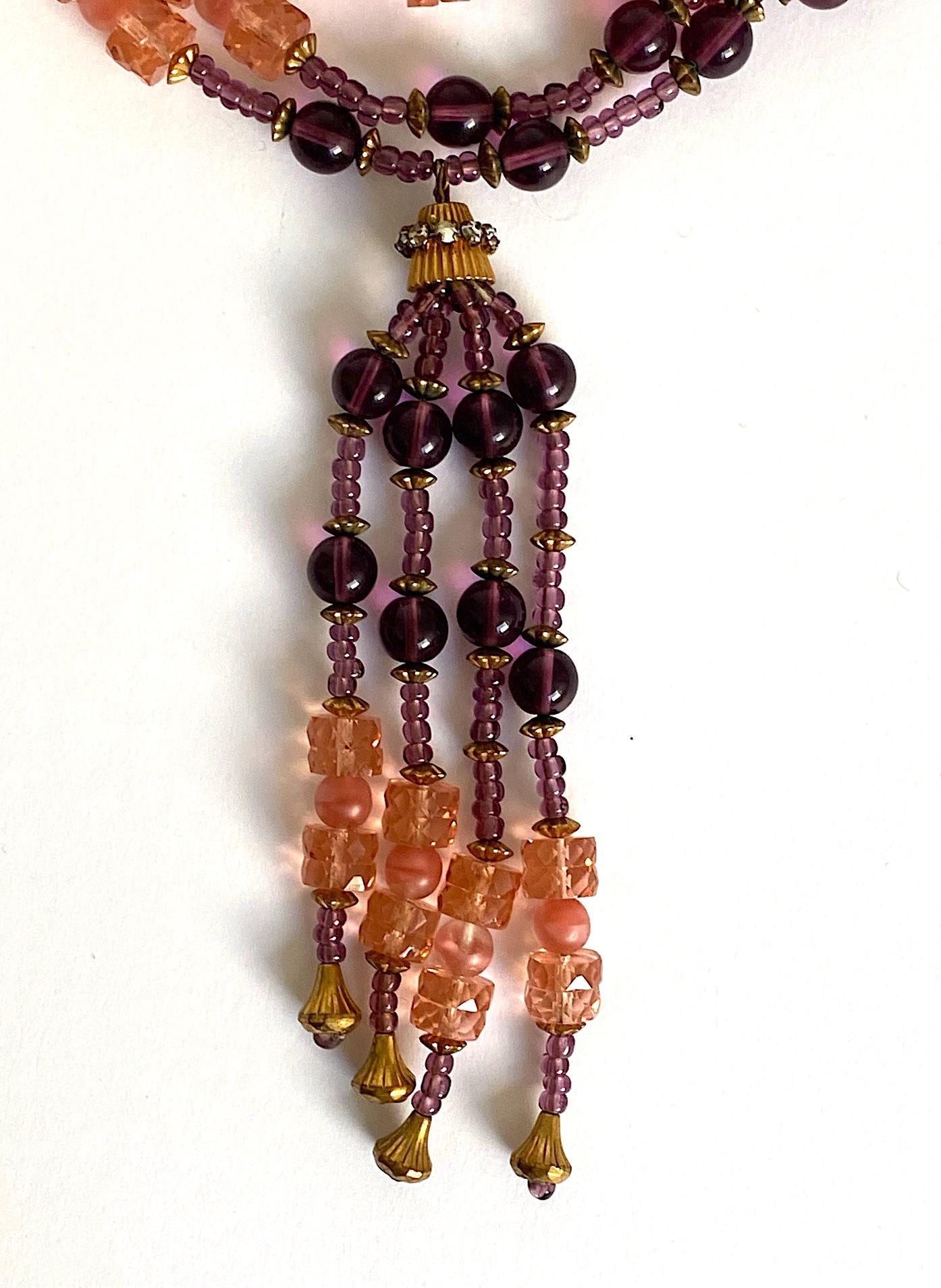 Italian 1950s Purple & Pink Glass Bead Tassel Necklace 5
