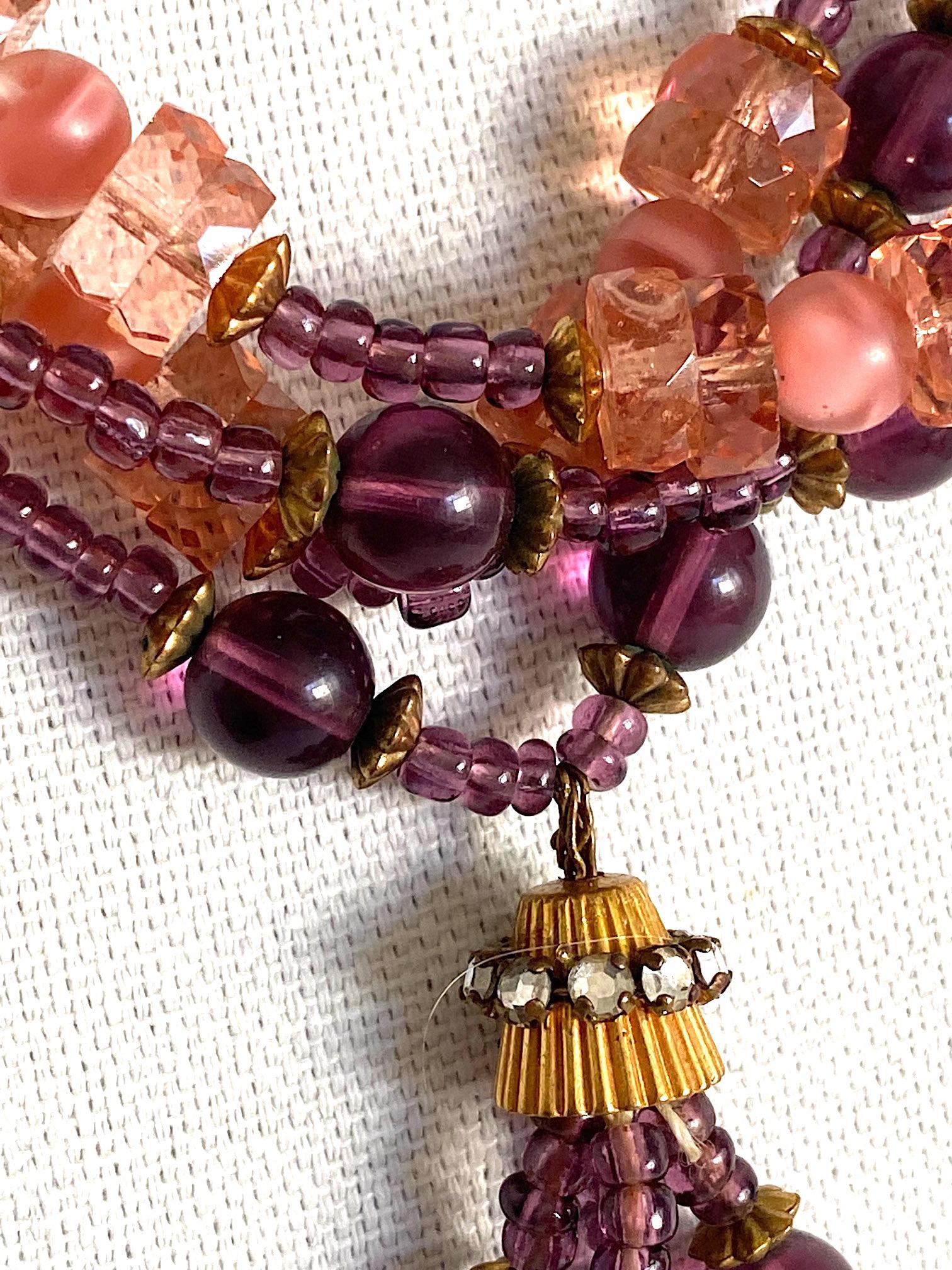 Italian 1950s Purple & Pink Glass Bead Tassel Necklace In Good Condition In New York, NY