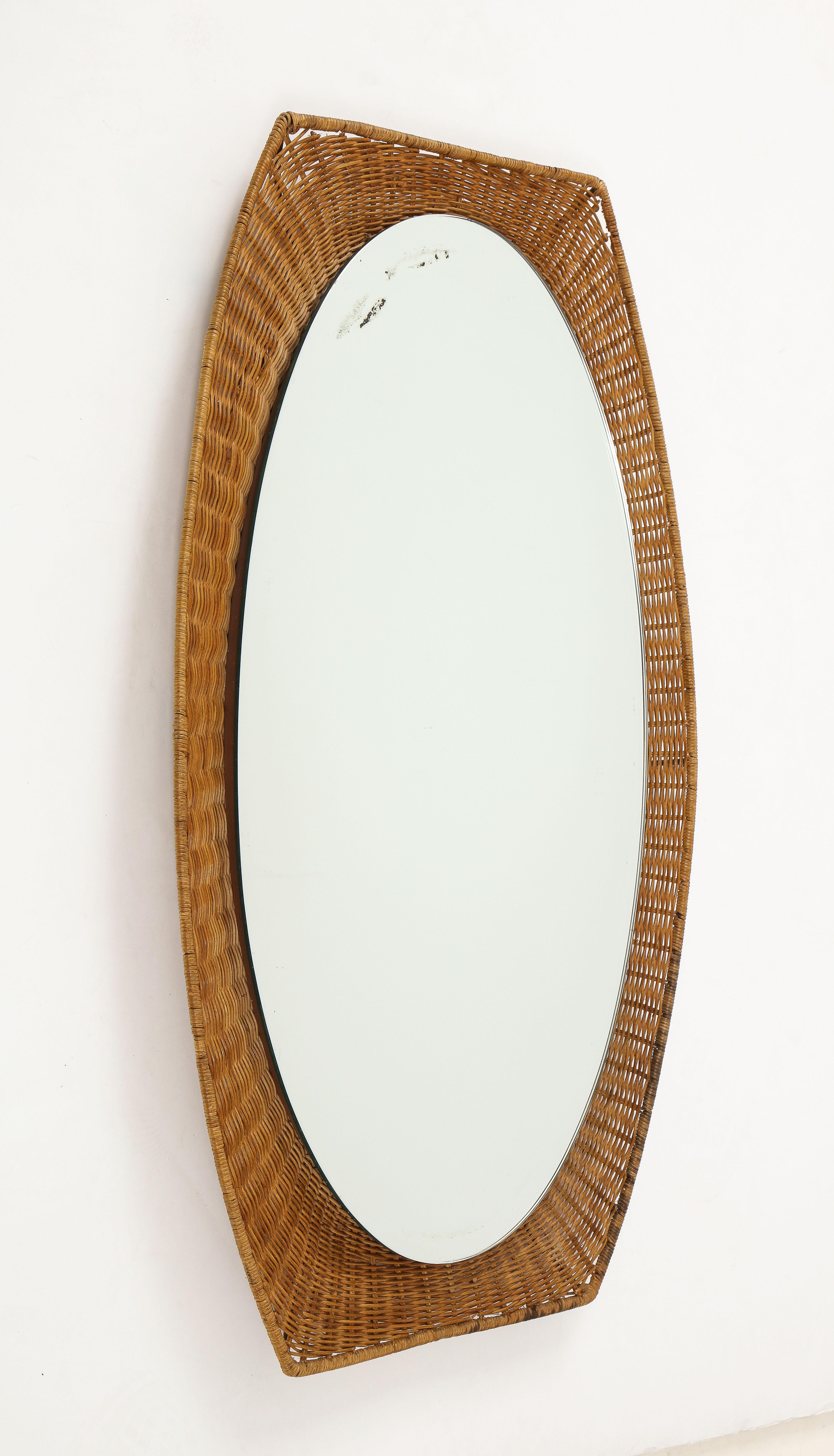 Mid-Century Modern Italian 1950s Wicker Oval Shaped Mirror