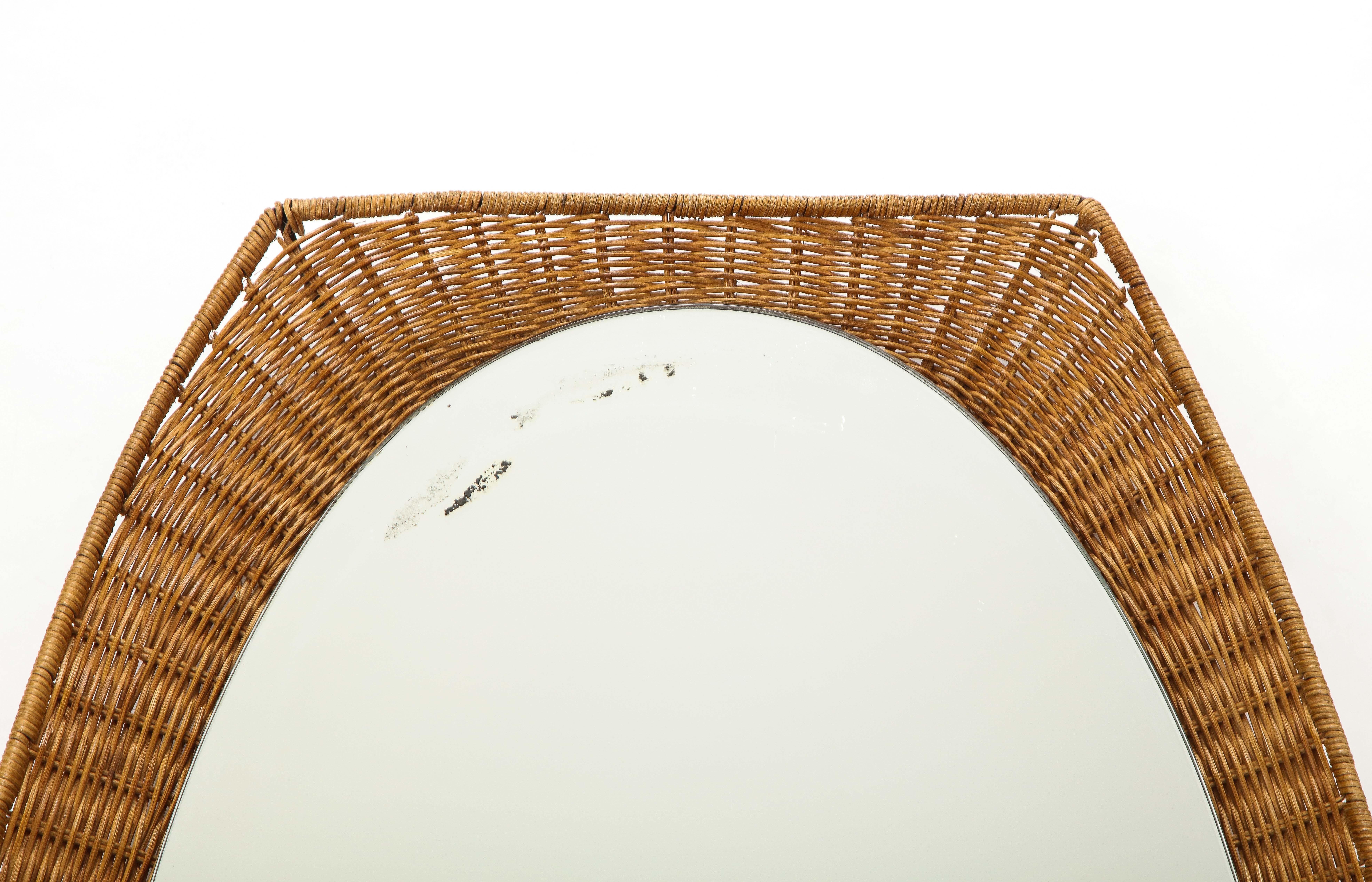 Italian 1950s Wicker Oval Shaped Mirror In Good Condition In New York, NY
